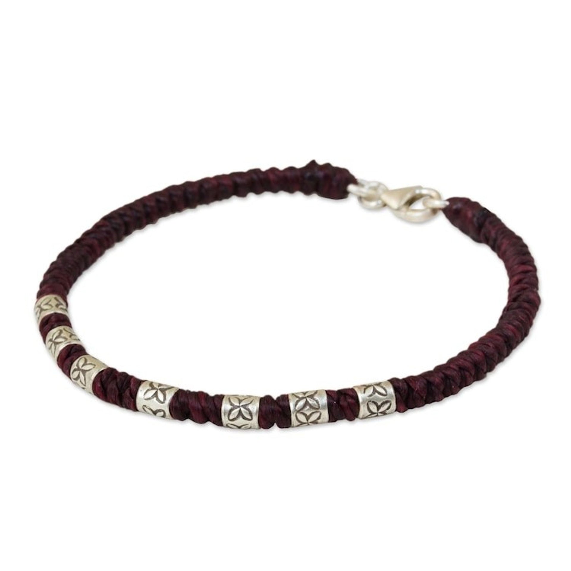 950 Silver Accent Wristband Bracelet from Thailand 'Happy Flower in Maroon'