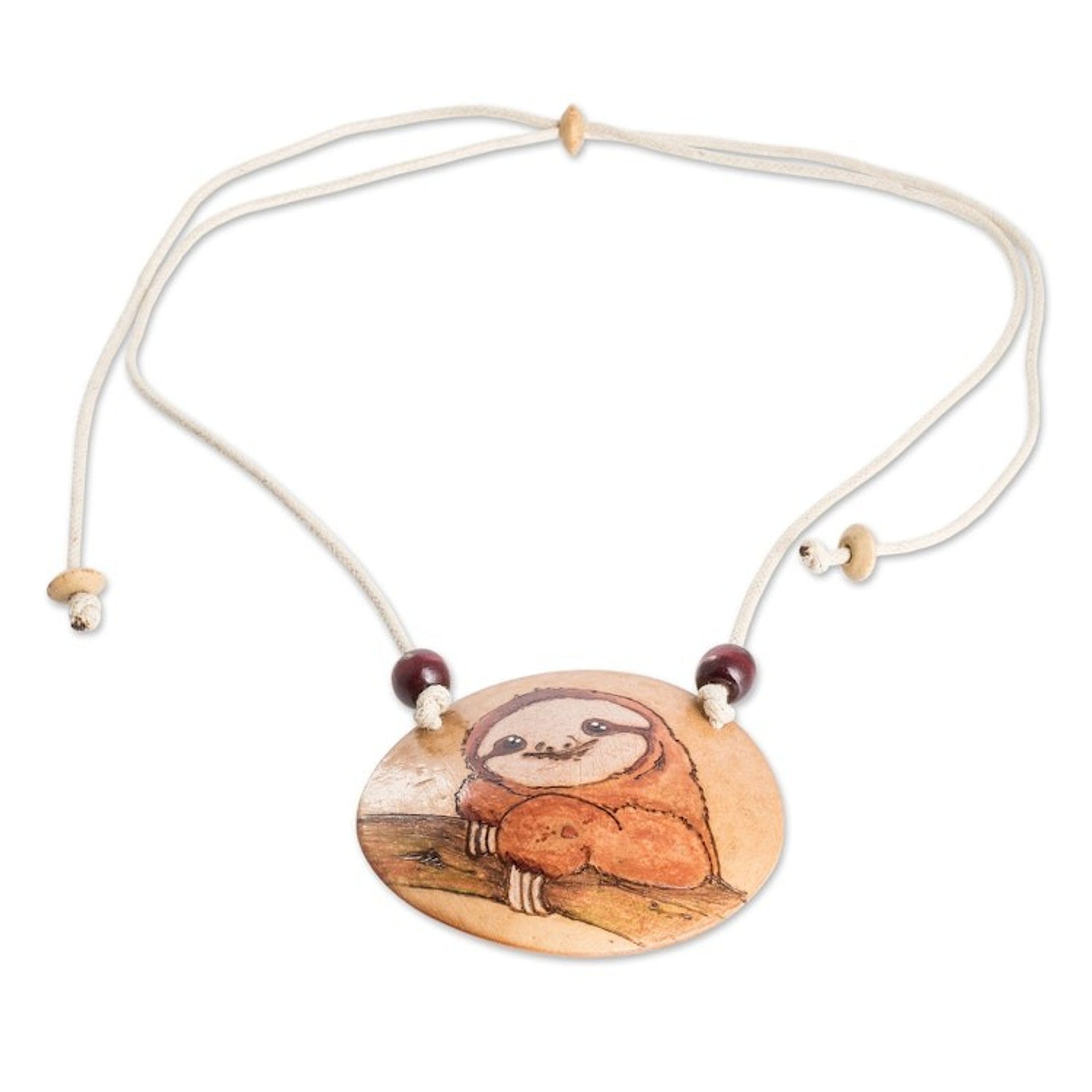 Hand-Painted Calabash Gourd Sloth Pendant Necklace 'Calm Portrayal'