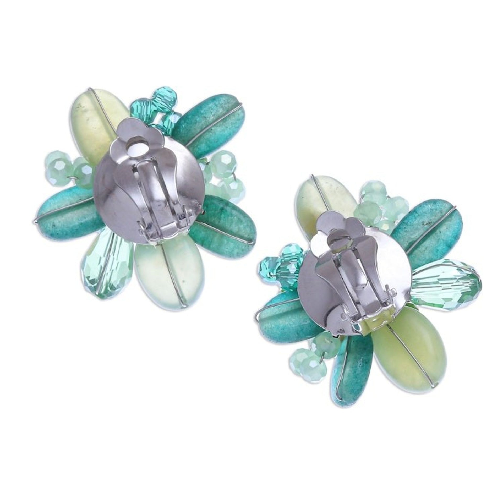 Quartz and Cultured Pearl Cluster Clip-On Earrings 'Solaris in Green'