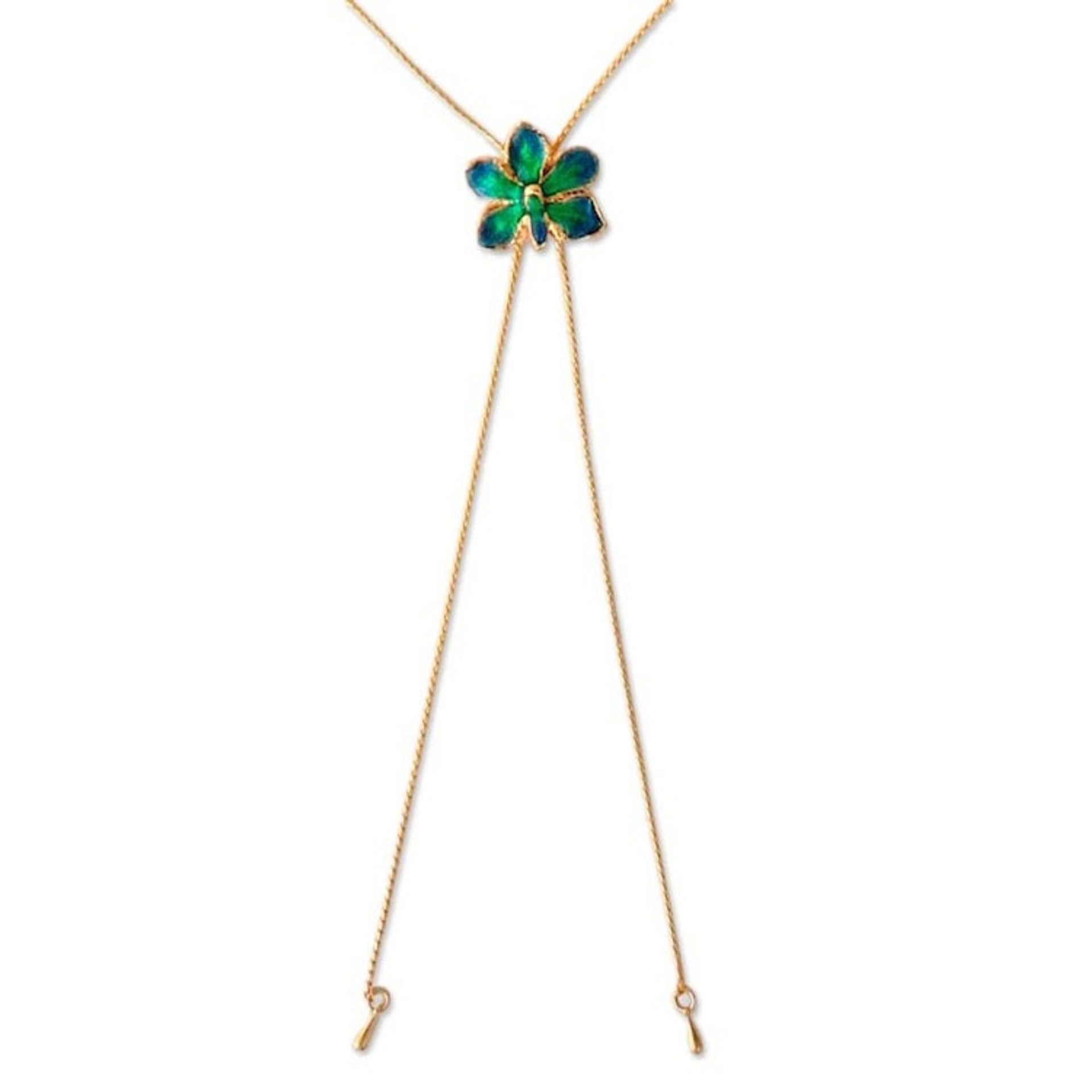 Fair Trade Gold Plated Natural Orchid Pendant Necklace 'Aqua Perfection'