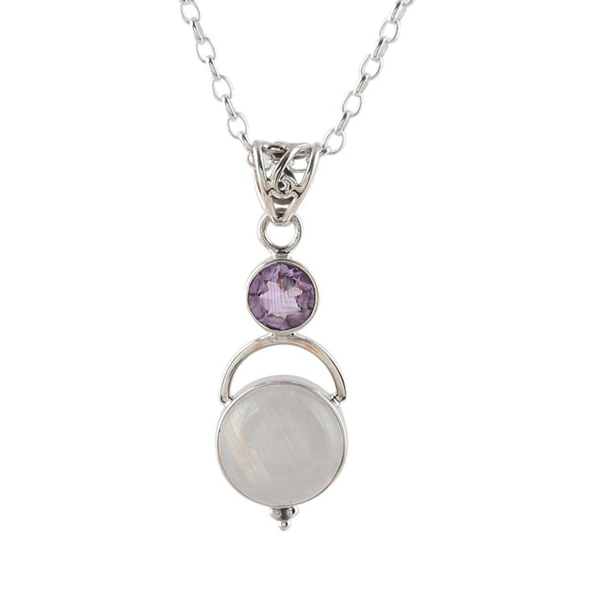 Sterling Silver Rainbow Moonstone Amethyst Pendant Necklace 'Alluring Serenity'