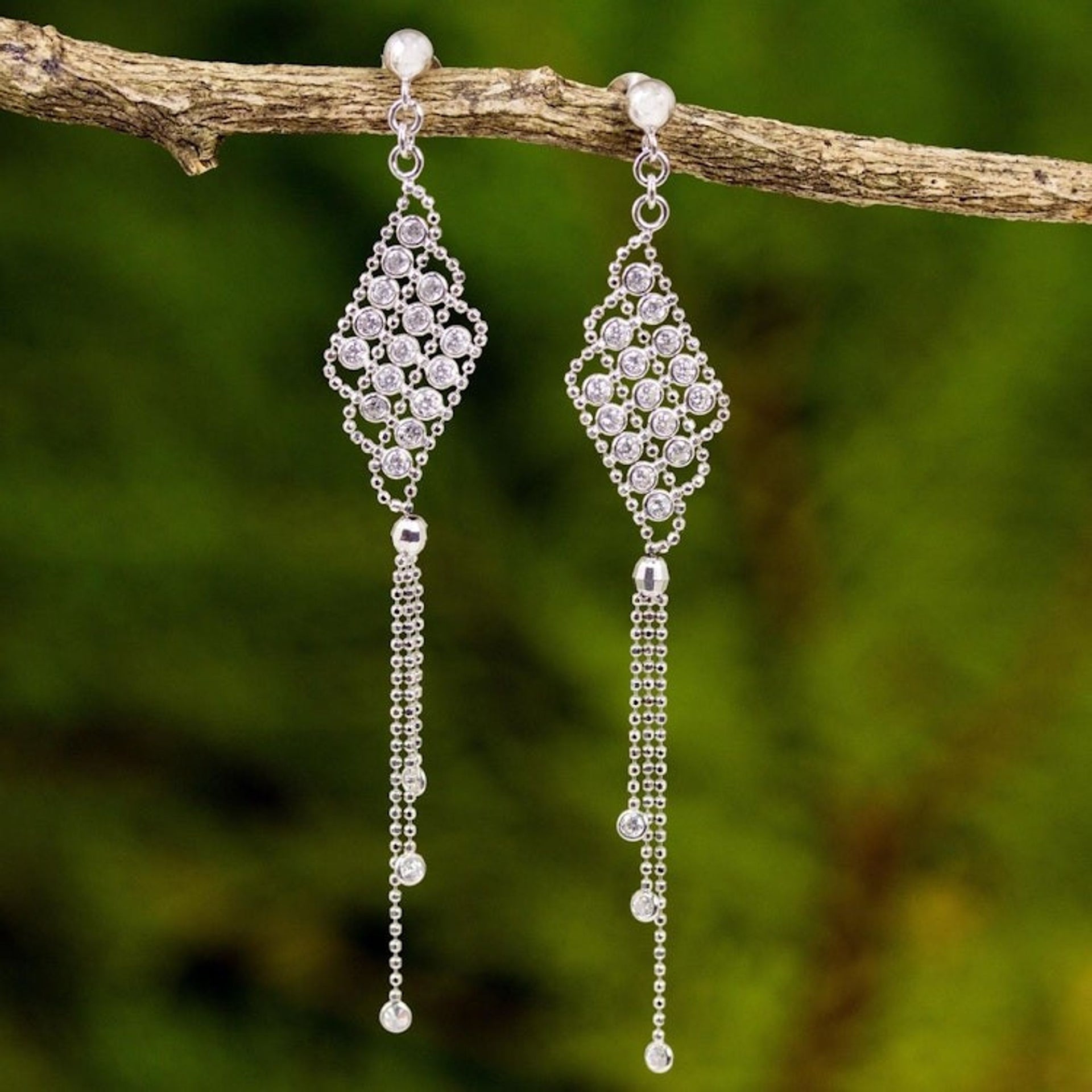 Sterling Silver Waterfall Earrings on Posts from Thailand 'Dazzling Chandeliers'