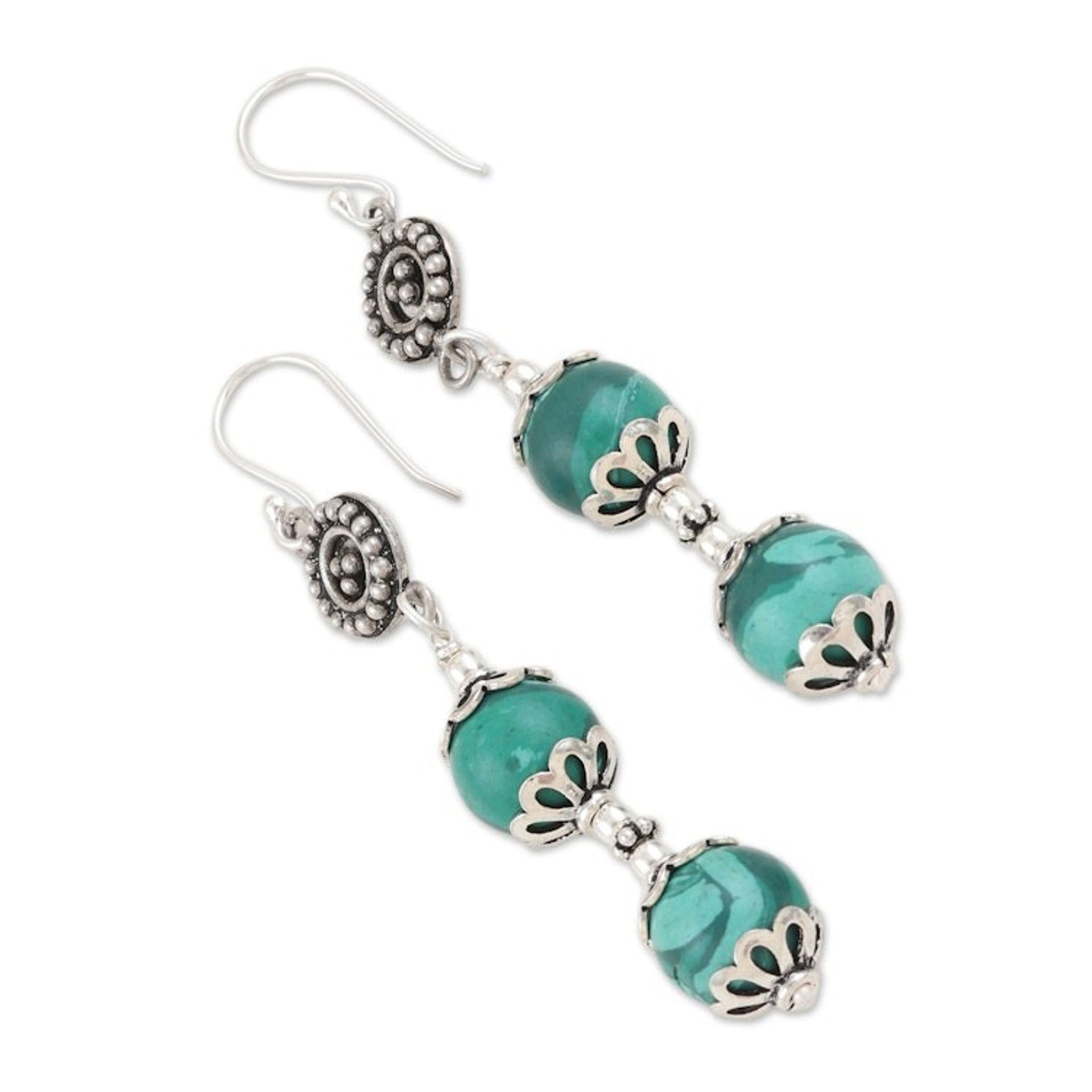 Sterling Silver Dangle Earrings with Natural Malachite Gems 'Soothing Countess'