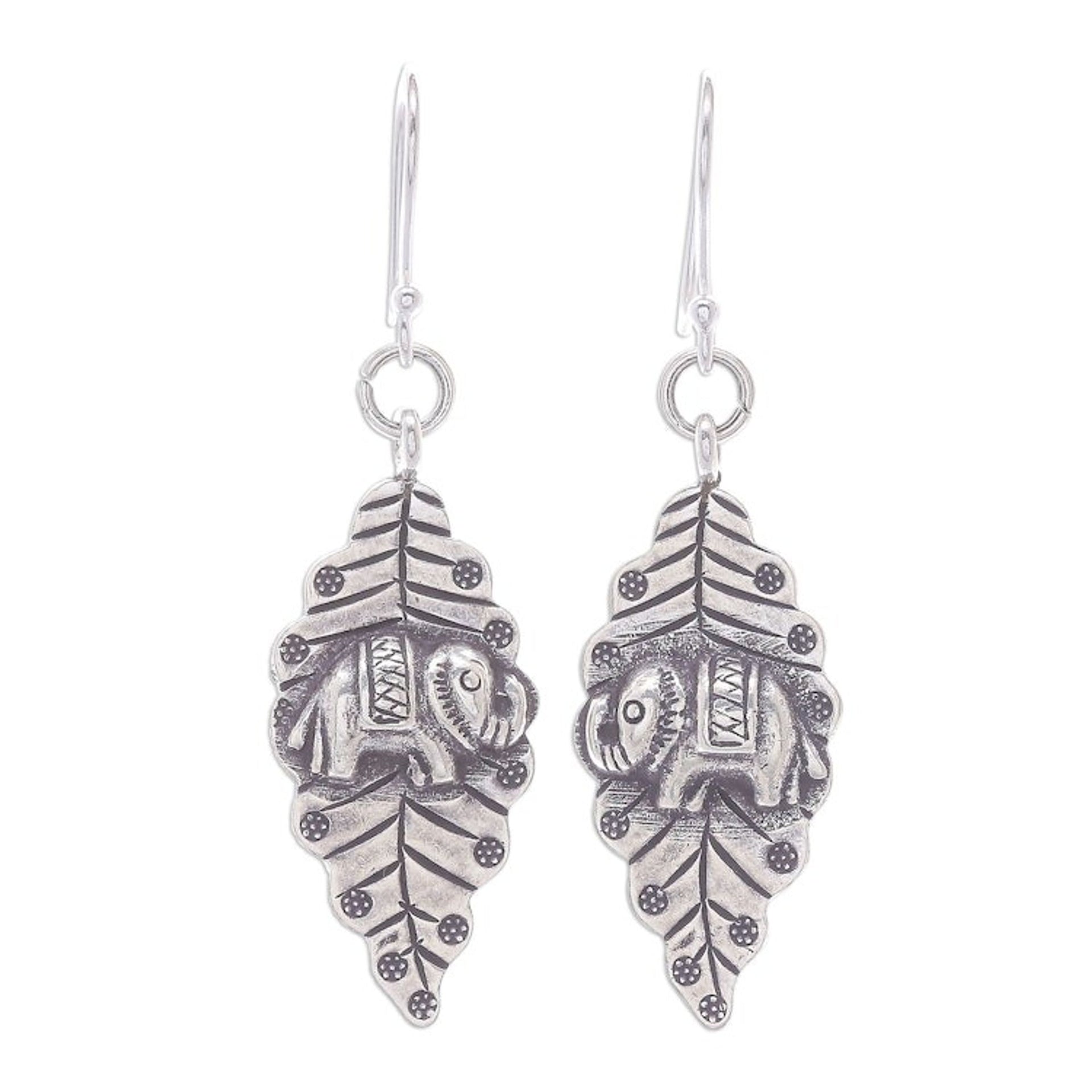 Oxidized Sterling Silver Leaf and Elephant Dangle Earrings 'Elephant Nature'