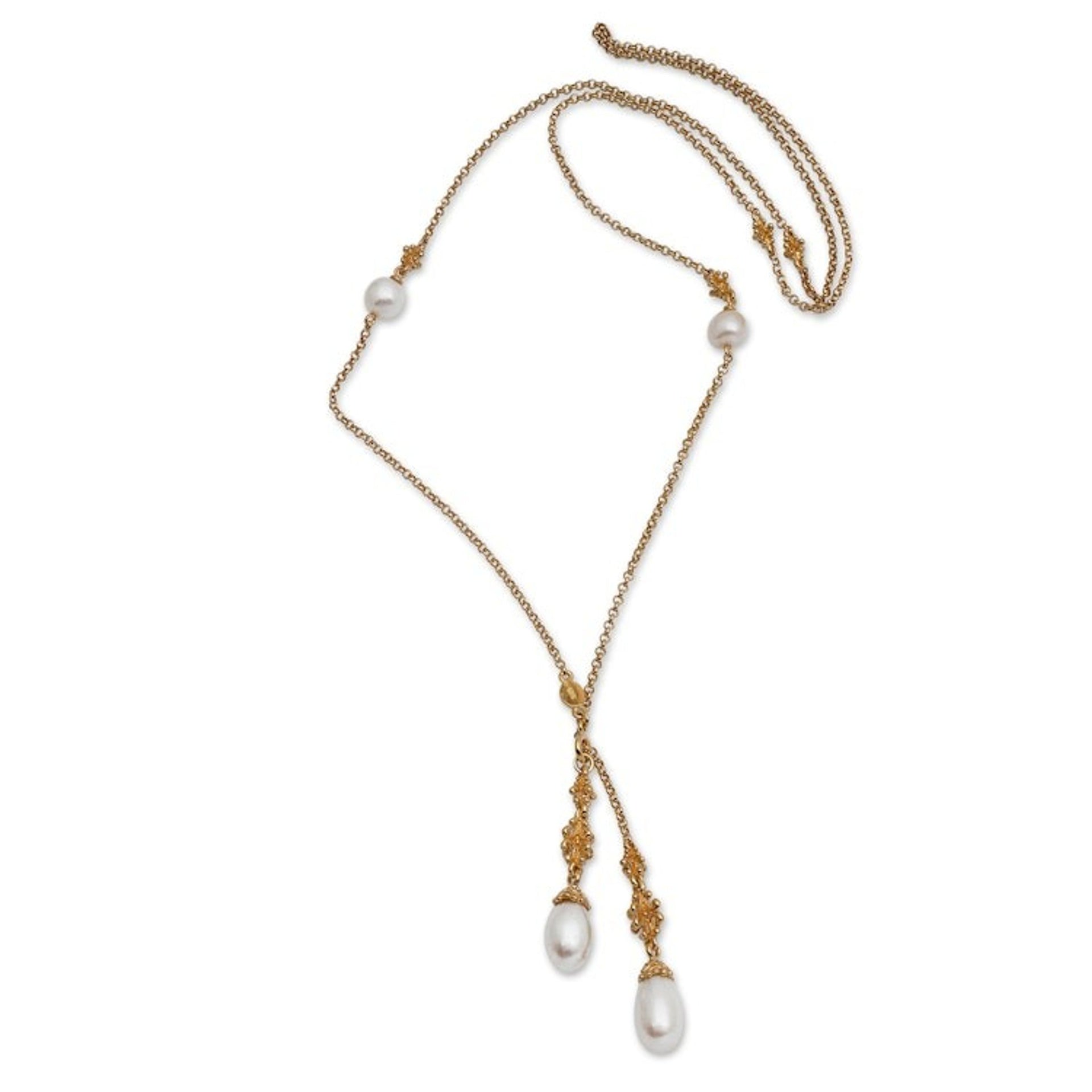 Natural White Pearl Lariat Necklace in 18k Gold Plating 'Ocean Morn'
