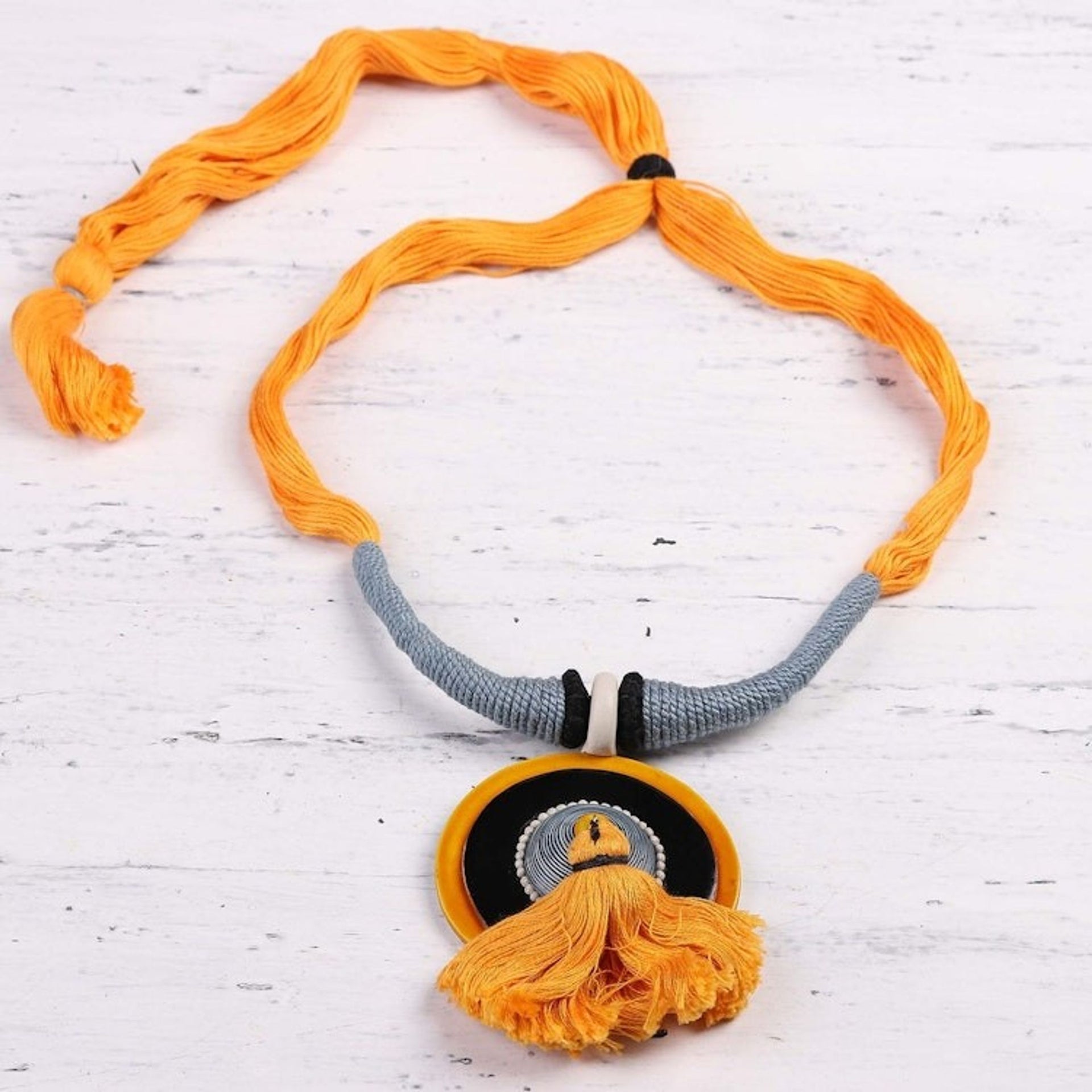 Marigold Ceramic and Cotton Pendant Necklace from India 'Sunset in Kolkata'