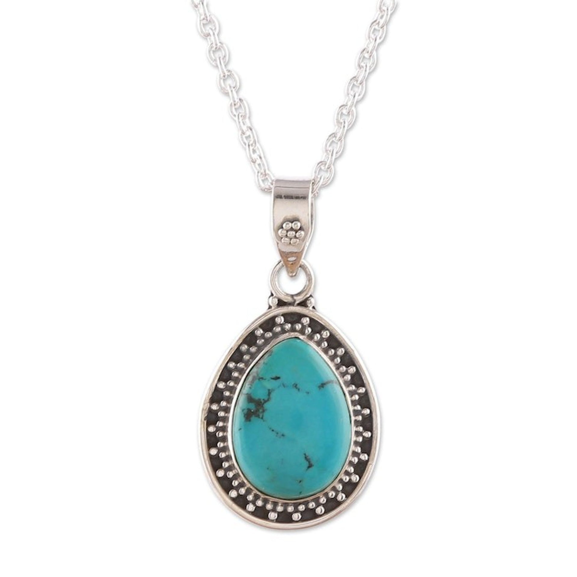 Silver Pendant Necklace with Drop Reconstituted Turquoise 'Azure Drop'