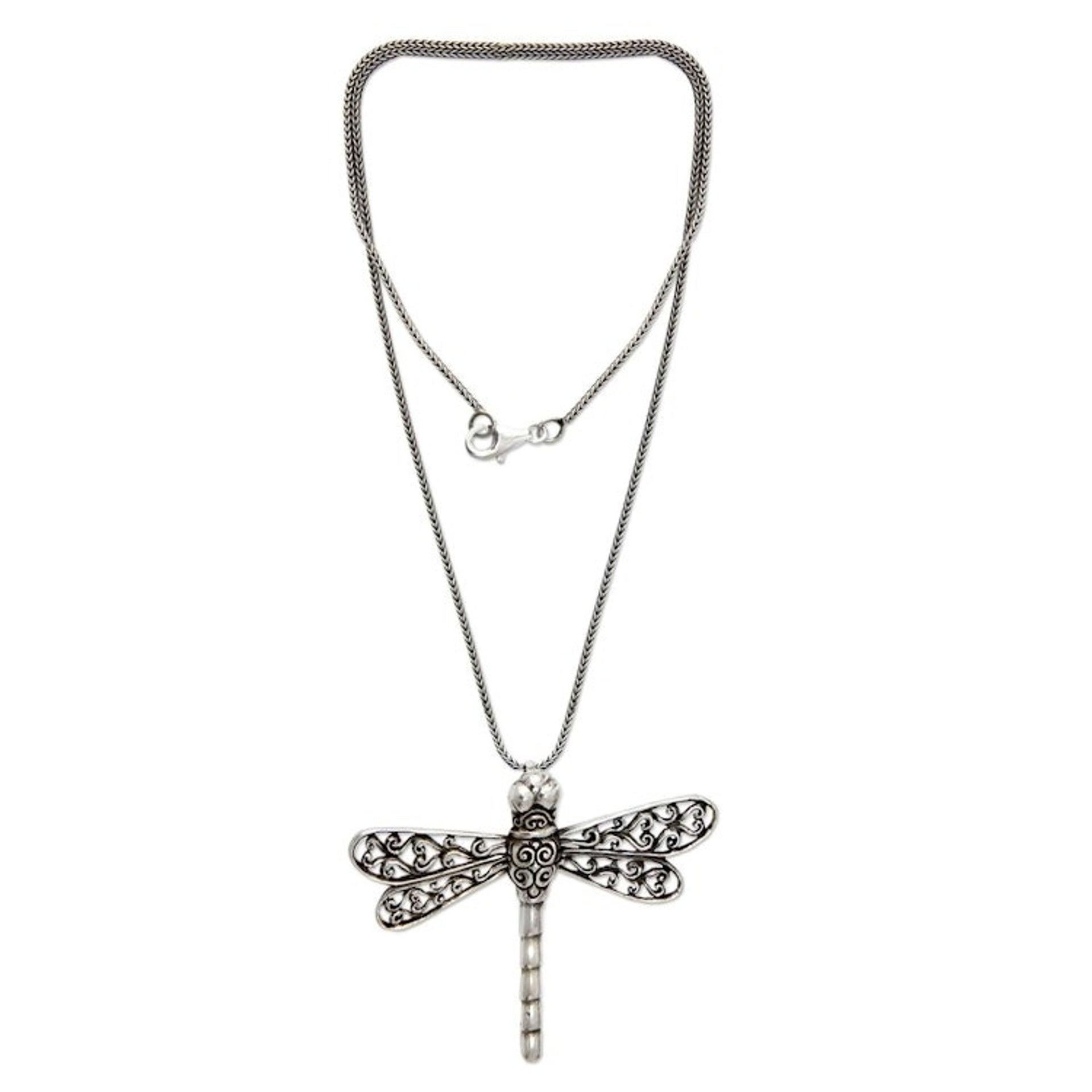 Unique Indonesian Sterling Silver Pendant Necklace 'Lucky Dragonfly'