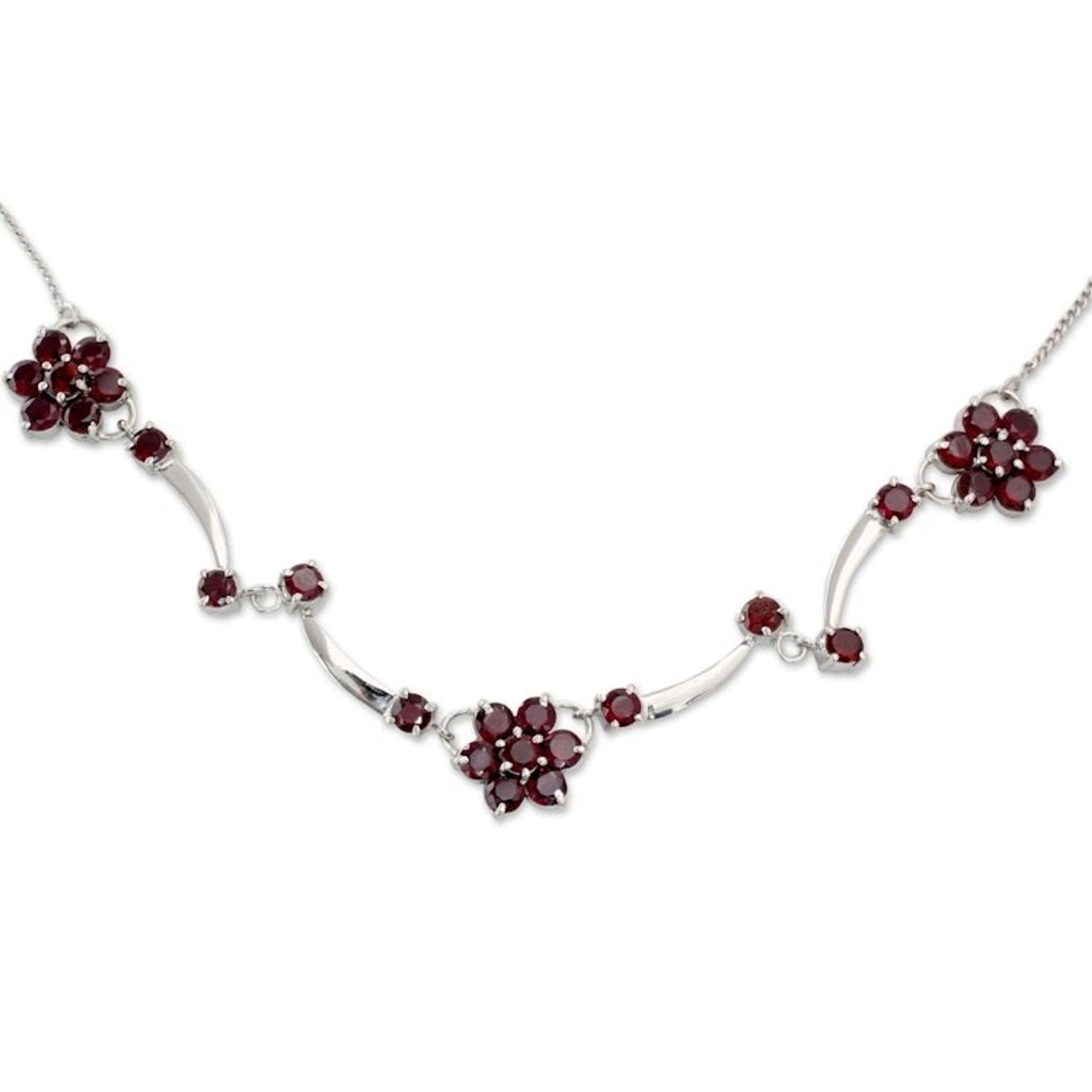 Garnet Flowers on Sterling Silver Necklace from India 'Blushing Daisies'