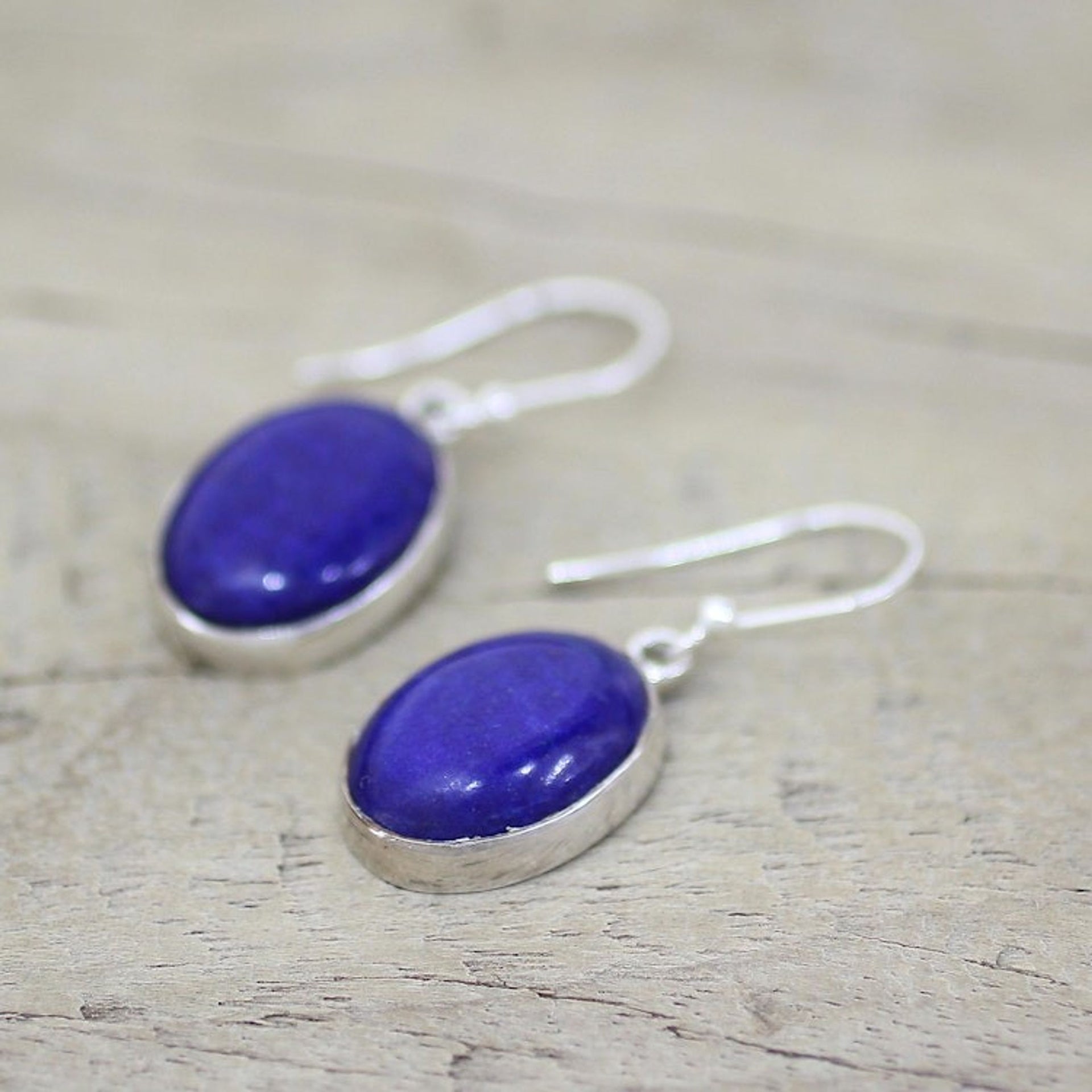 Sterling Silver Lapis Lazuli Dangle Earrings from India 'Oval Seas'