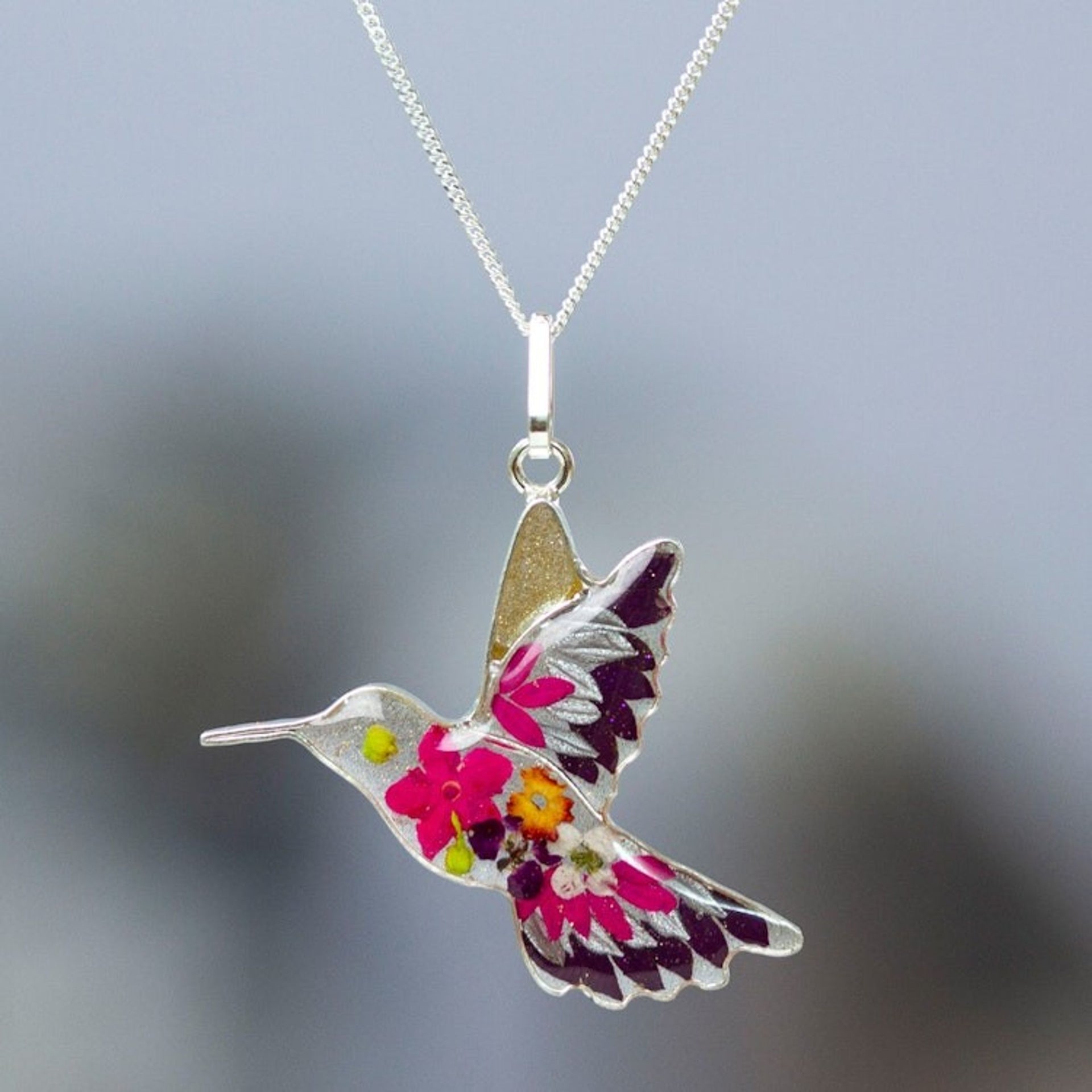 Natural Flower in Resin Silver Hummingbird Pendant Necklace 'Purple Hummingbird'