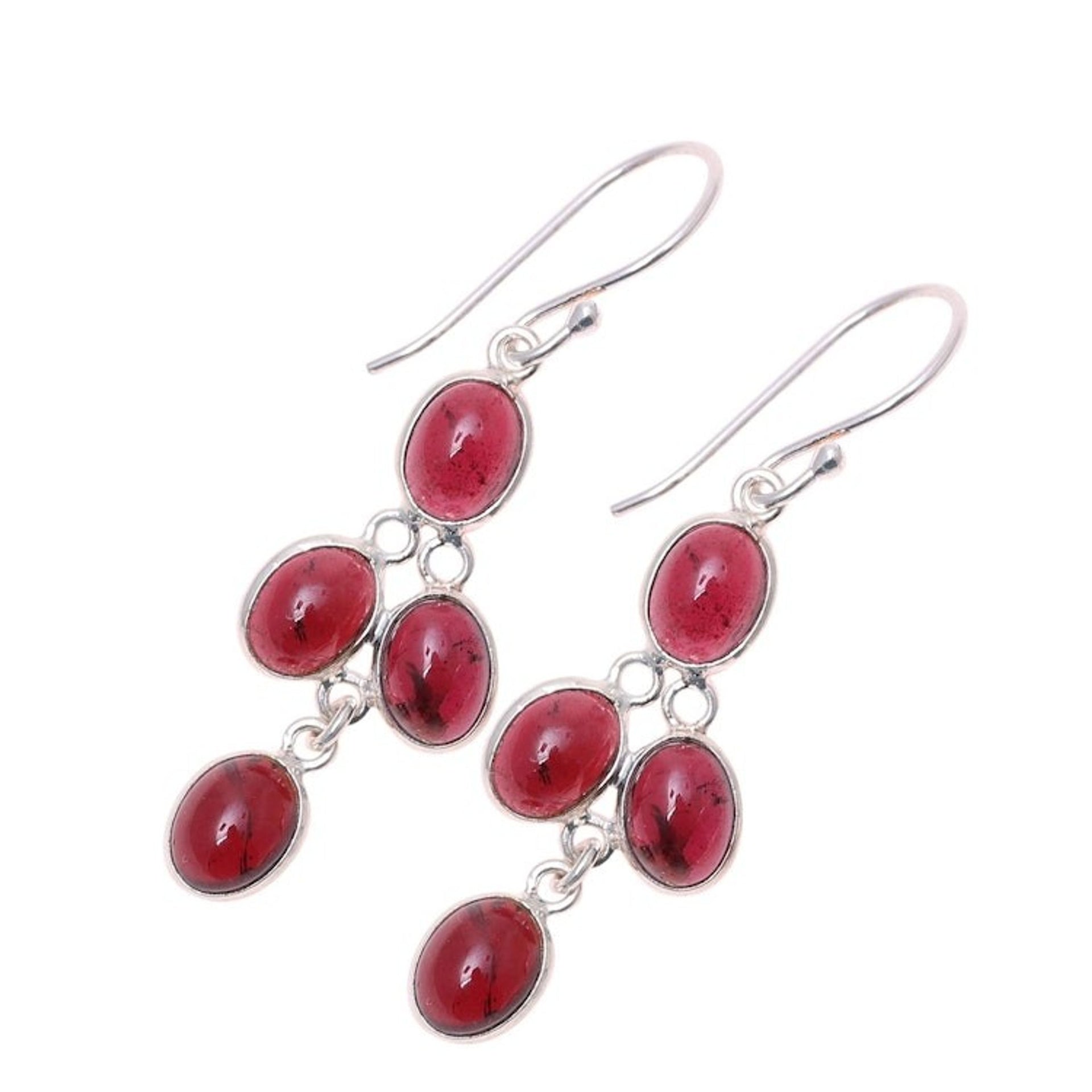 Dangle Earrings with Eight Garnet Stones Crafted in India 'Scarlet Ovals'