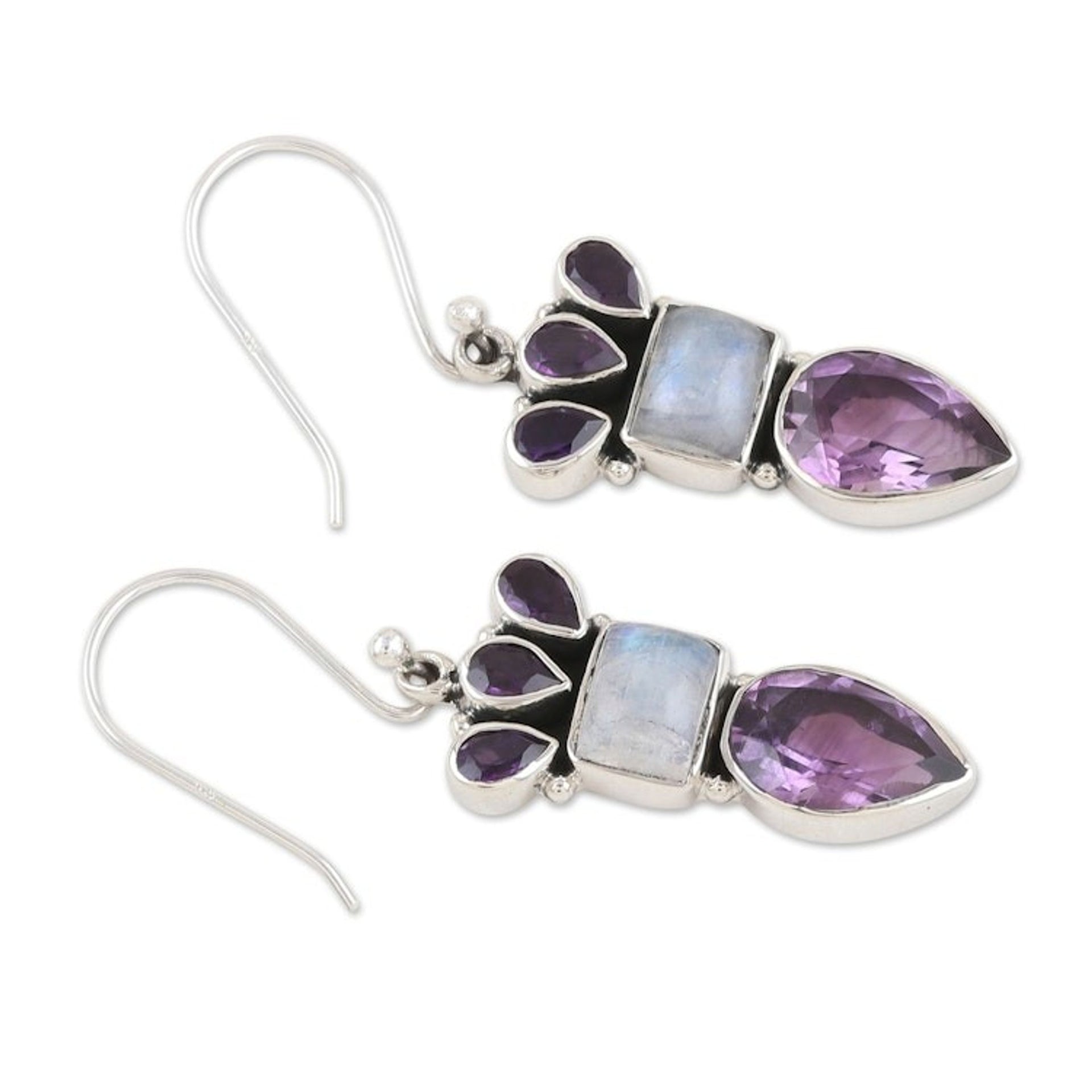 Silver Dangle Earrings with Amethyst and Rainbow Moonstone 'Royal Glamour'