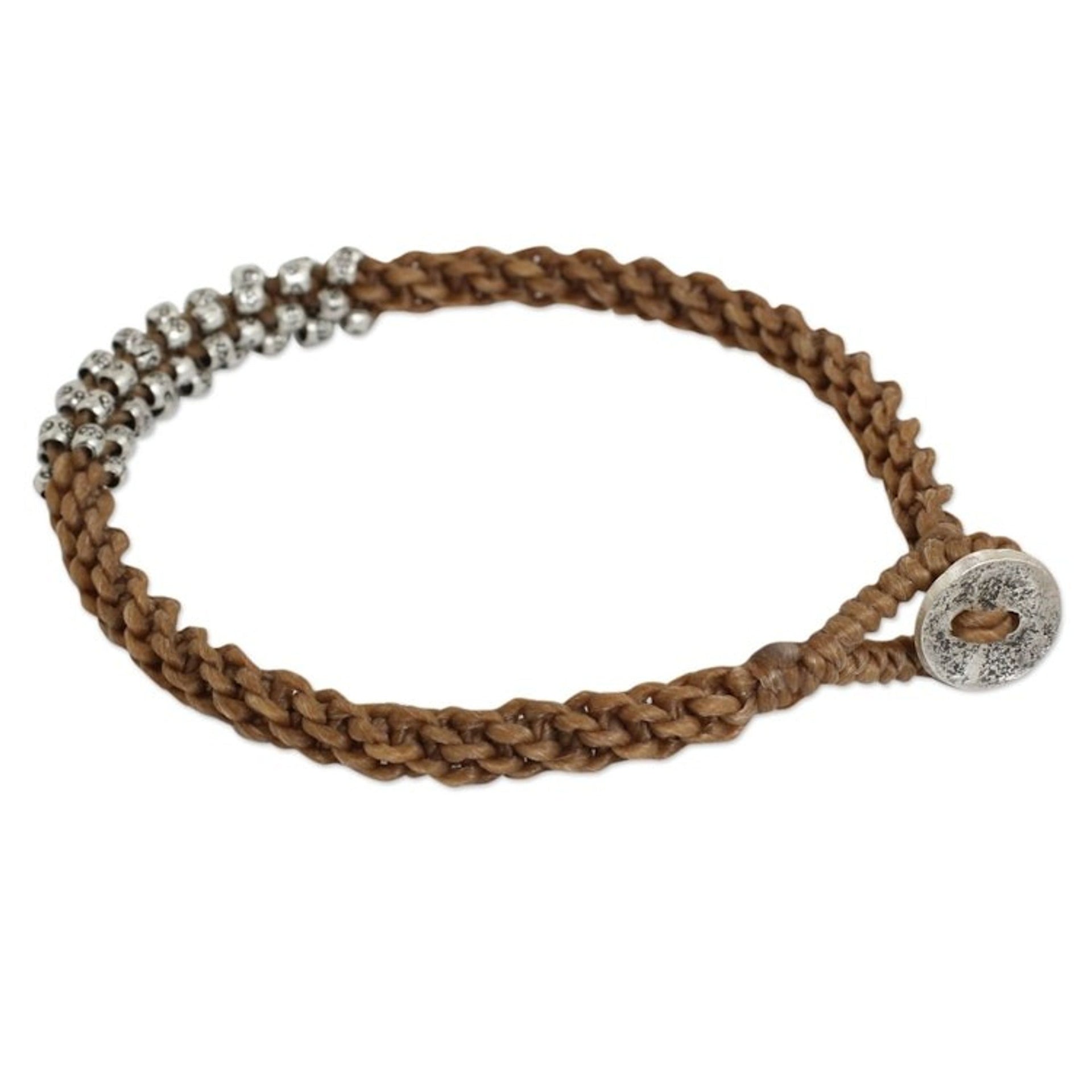 Handwoven Cord Bracelet in Tan with Silver Beads 'Tribal Flowers in Tan'