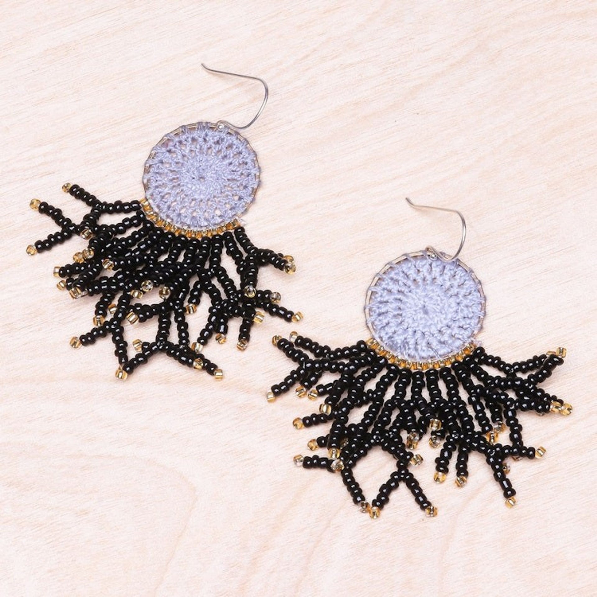 Crocheted Dreamcatcher Earrings with Black Glass Beads 'Dreaming Tree in Black'