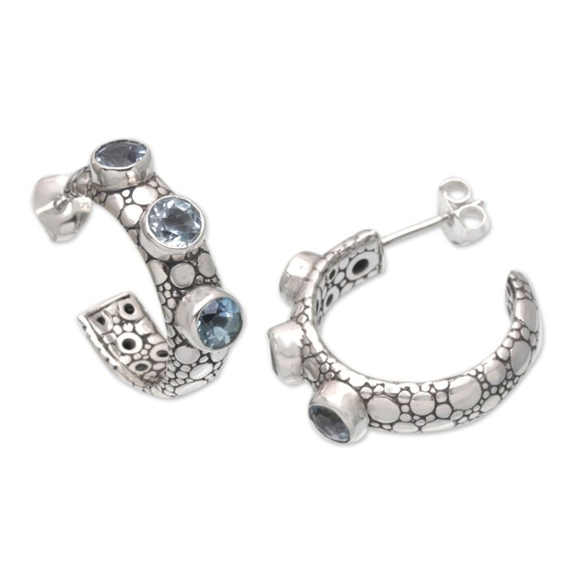 Traditional Half-Hoop Earrings with 3-Carat Blue Topaz Gems 'Sea Trinity'