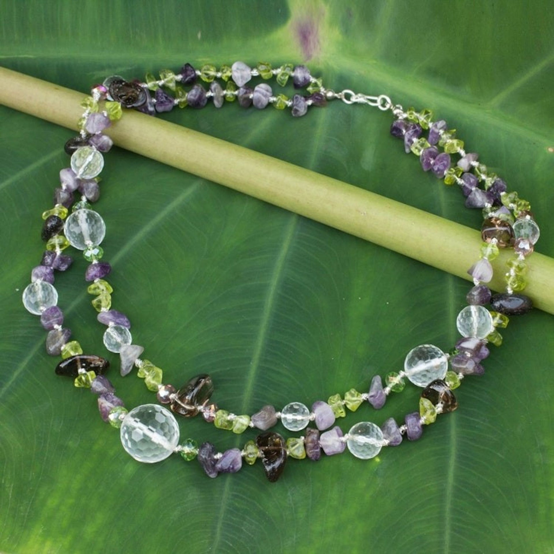 Artisan Crafted Peridot Quartz and Amethyst Necklace 'Lilac Garden'