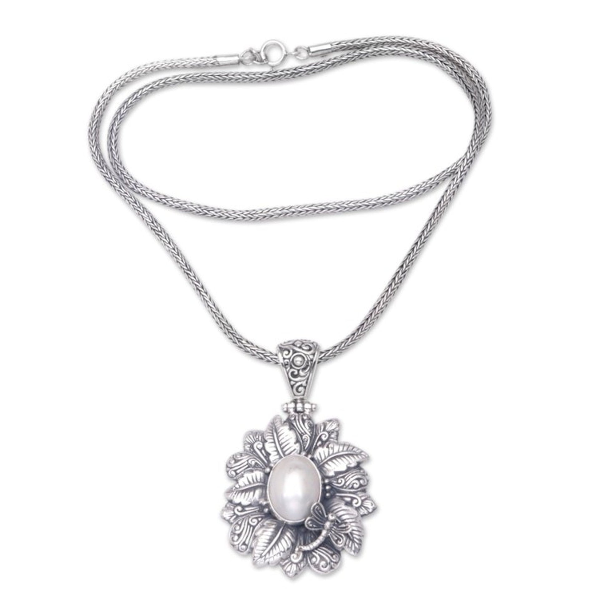 Floral Cultured Pearl Pendant Necklace from Bali 'Pearly Nature of Bali'