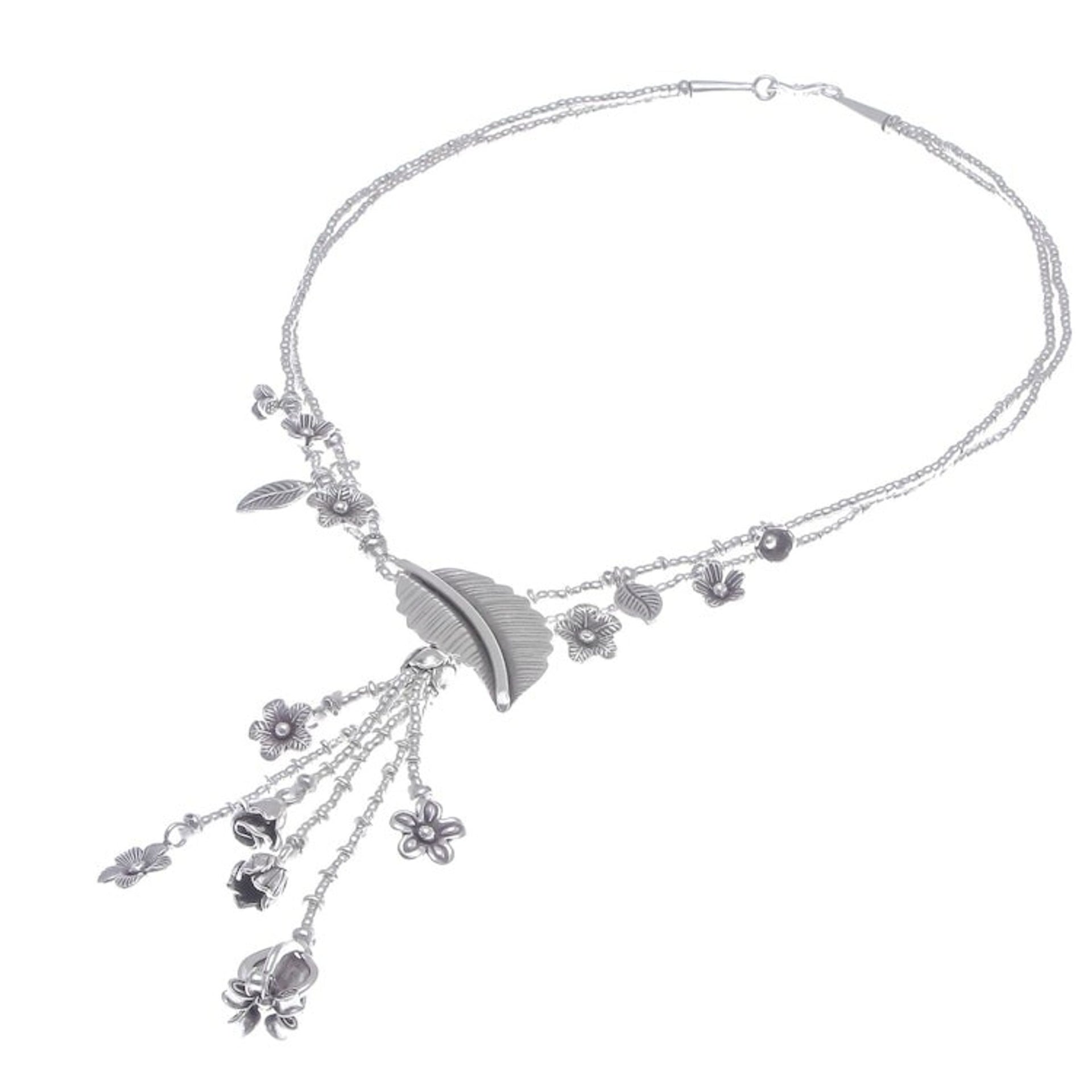 Flower and Leaf Themed 950 Silver Y-Necklace 'Like Paradise'