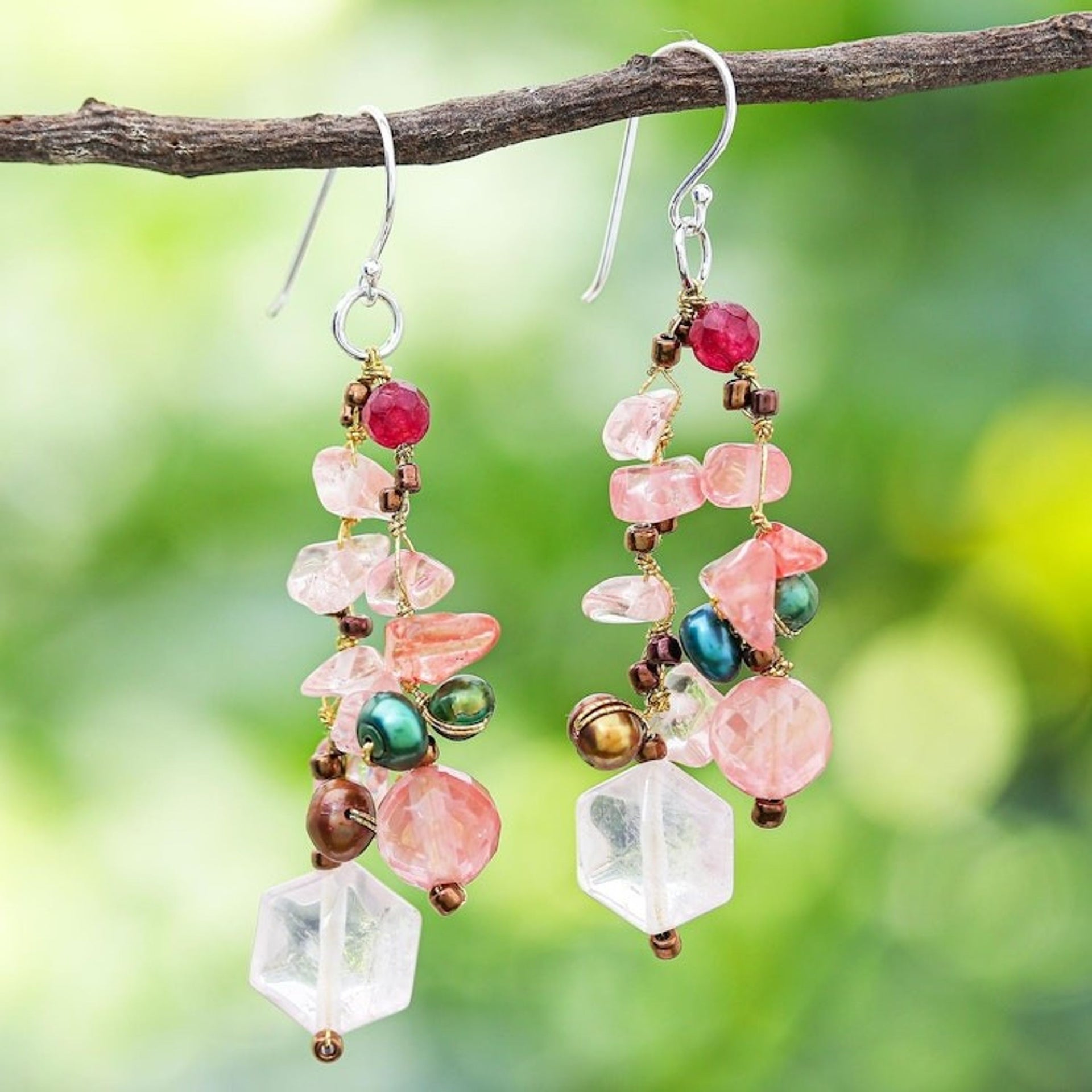 Rose Quartz and Cultured Pearl Dangle Earrings 'Translucent Rose'