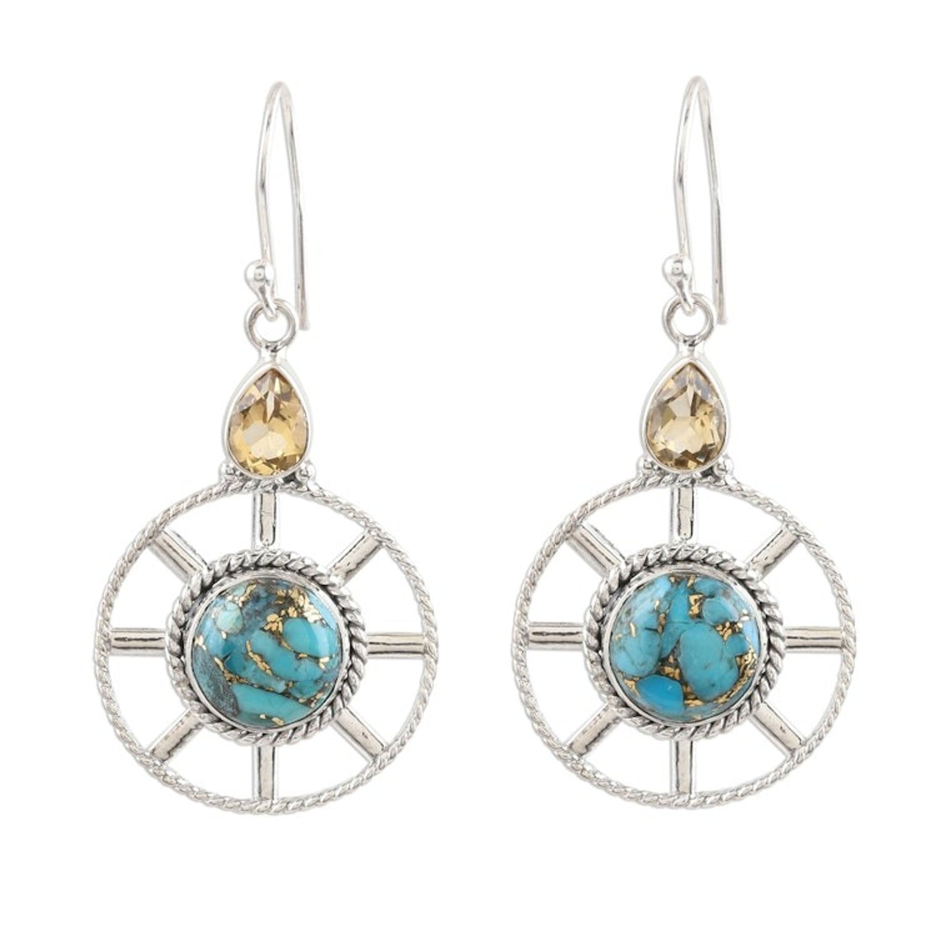 Wheel-Shaped Citrine and Composite Turquoise Earrings 'Wheel in the Sky'