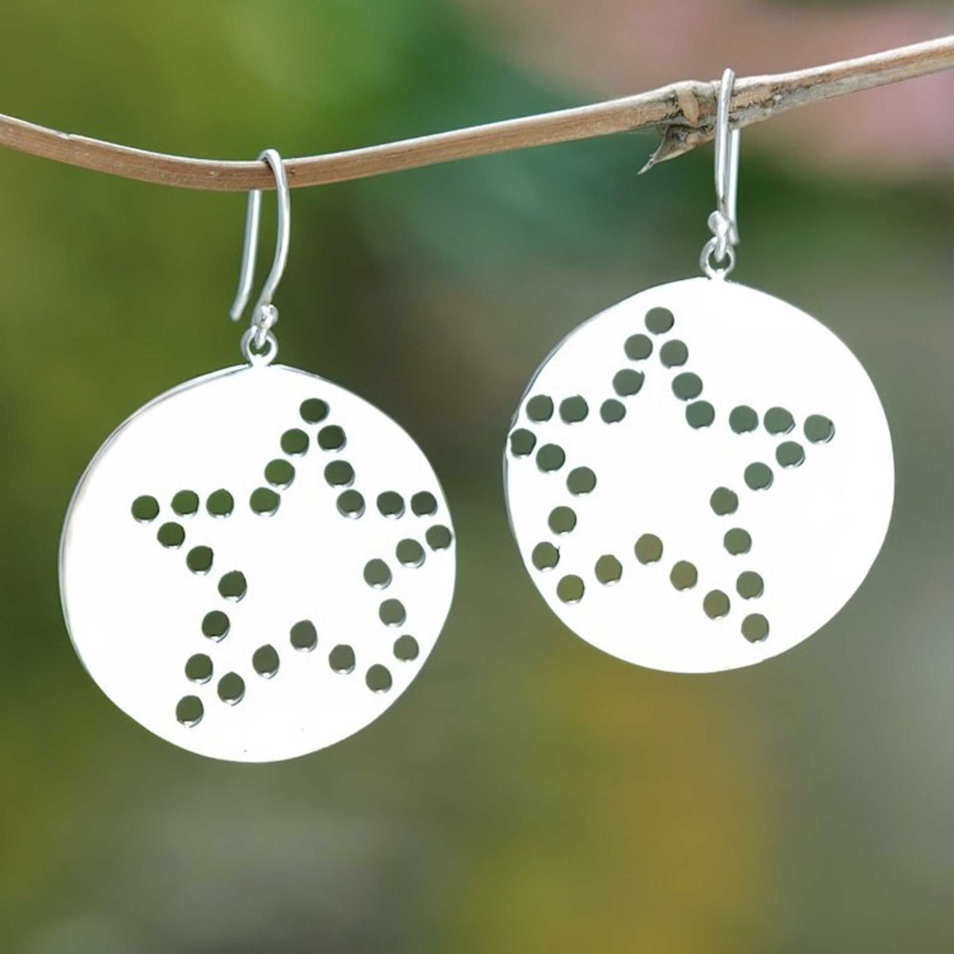 Star-Themed Round Sterling Silver Dangle Earrings from Bali 'You The Star'