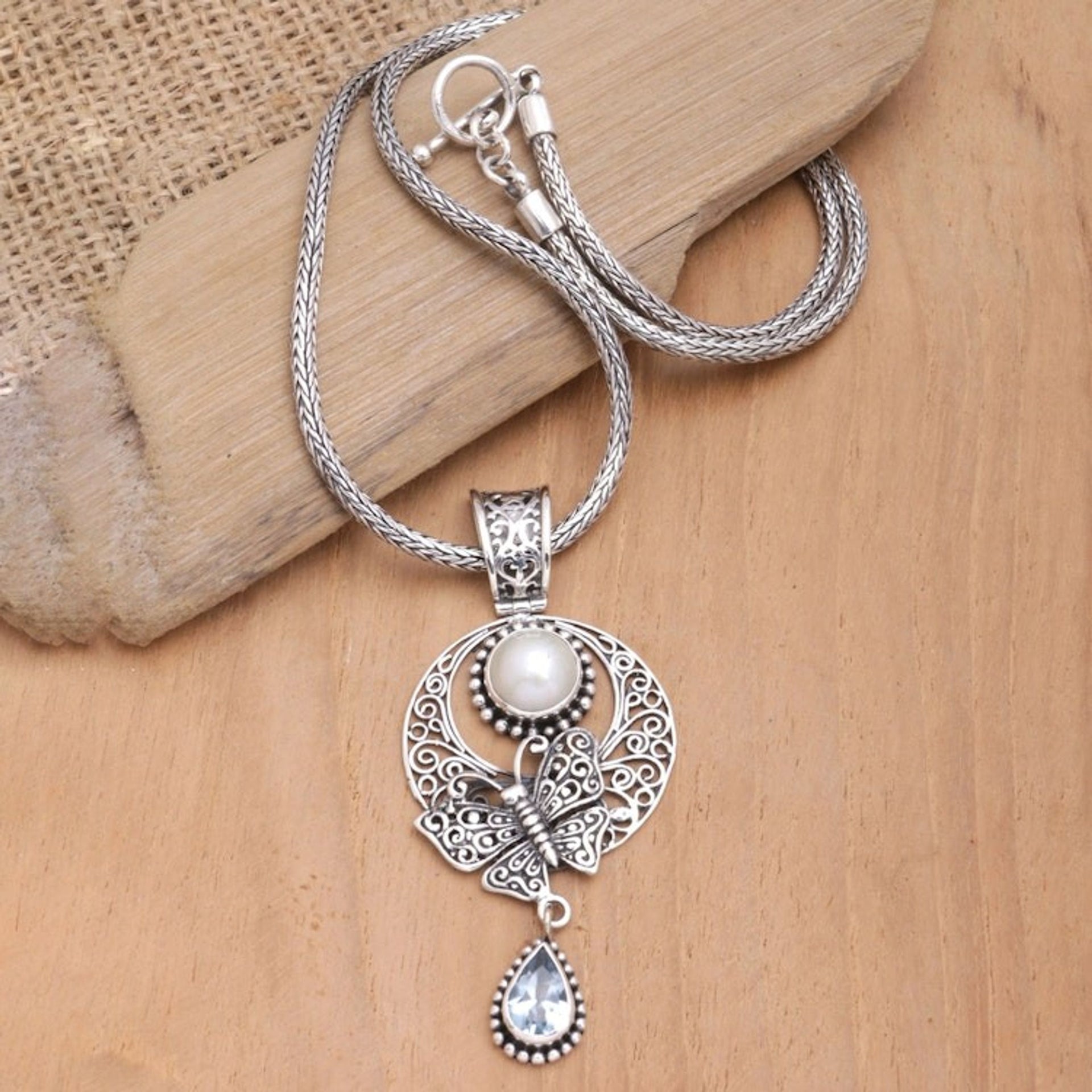 Sterling Silver Pendant Necklace with Blue Topaz and Pearl 'Blue Butterfly Teardrop'