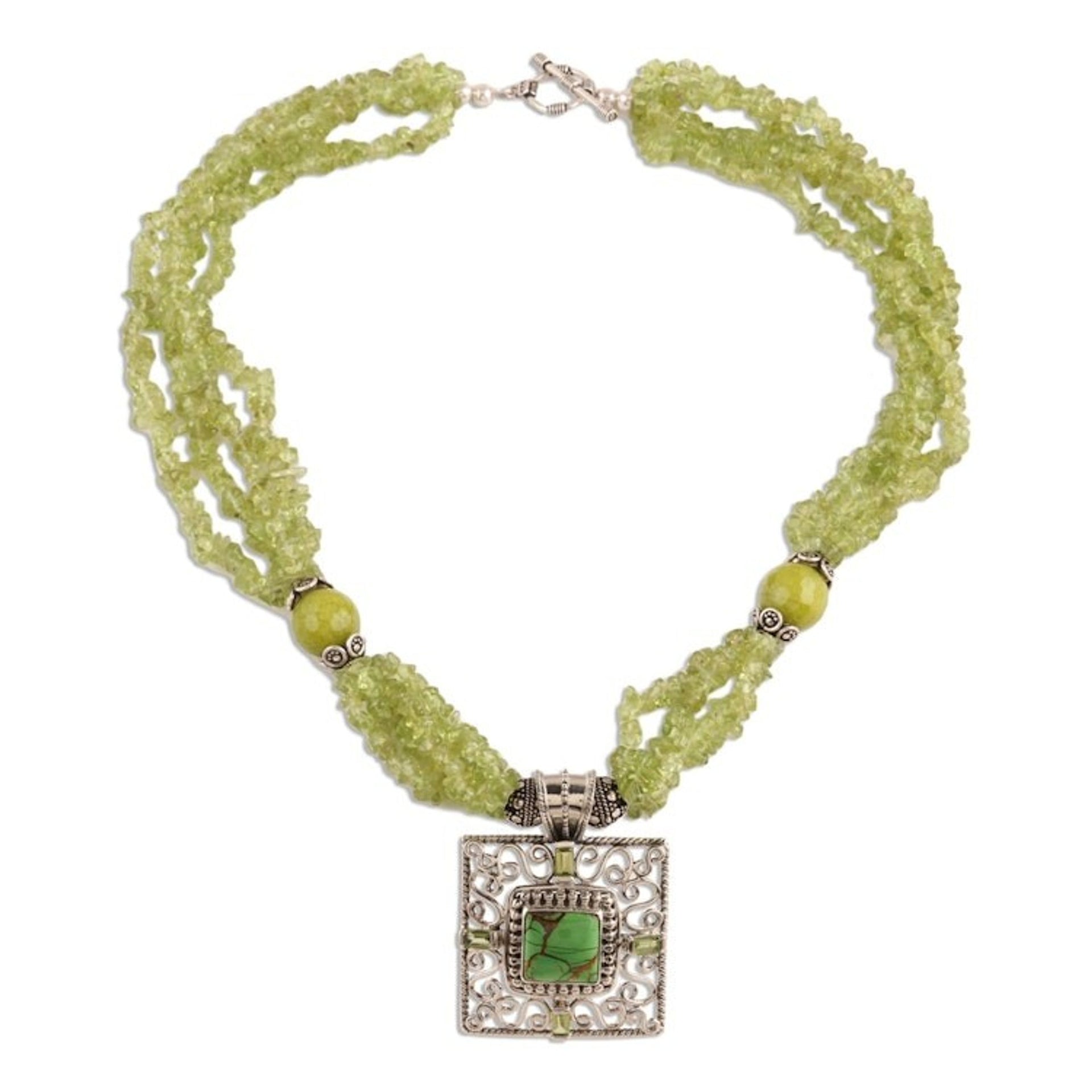 Peridot and Composite Turquoise Beaded Pendant Necklace 'Verdant Square'