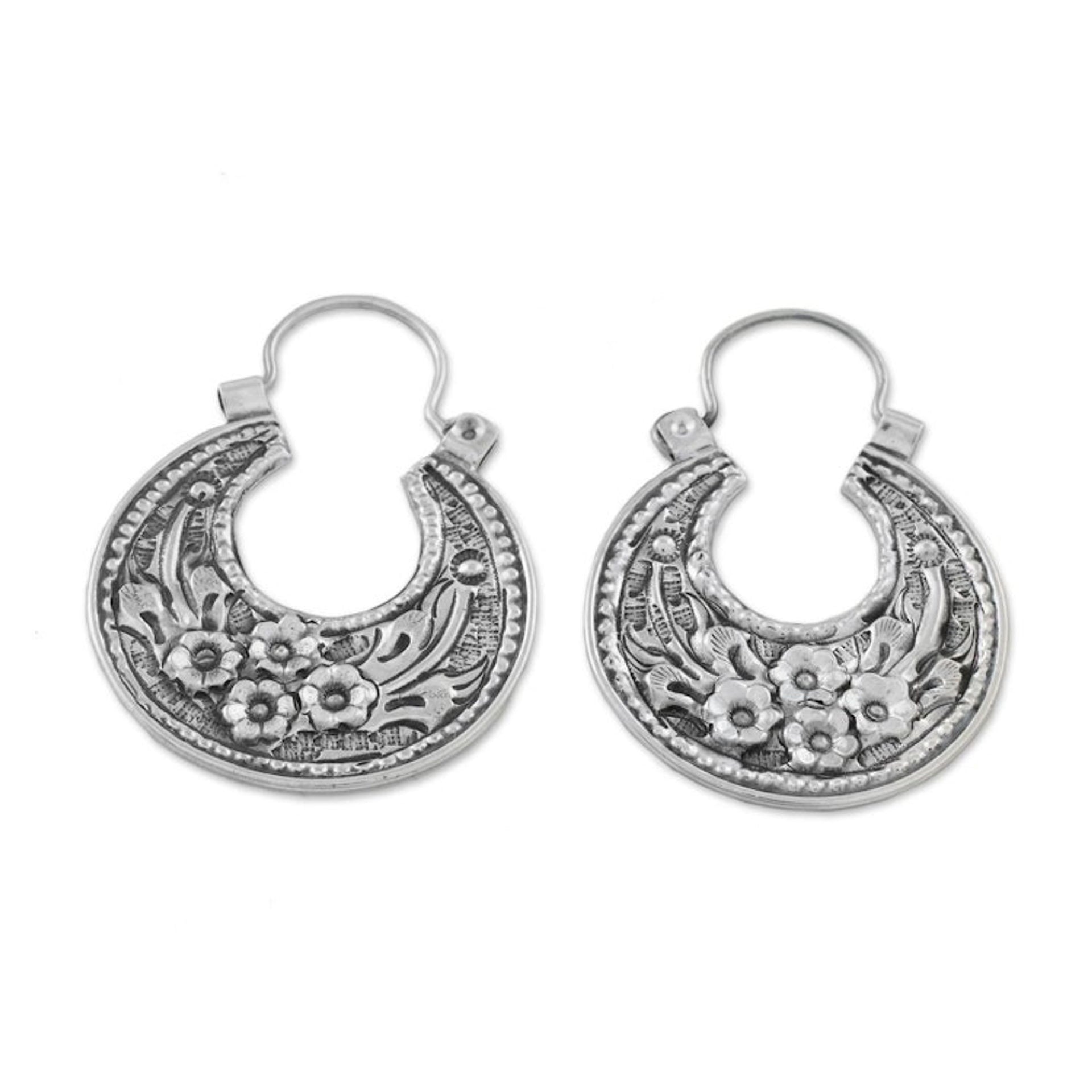 Floral Sterling Silver Hoop Earrings from Thailand 'Lanna Flower'