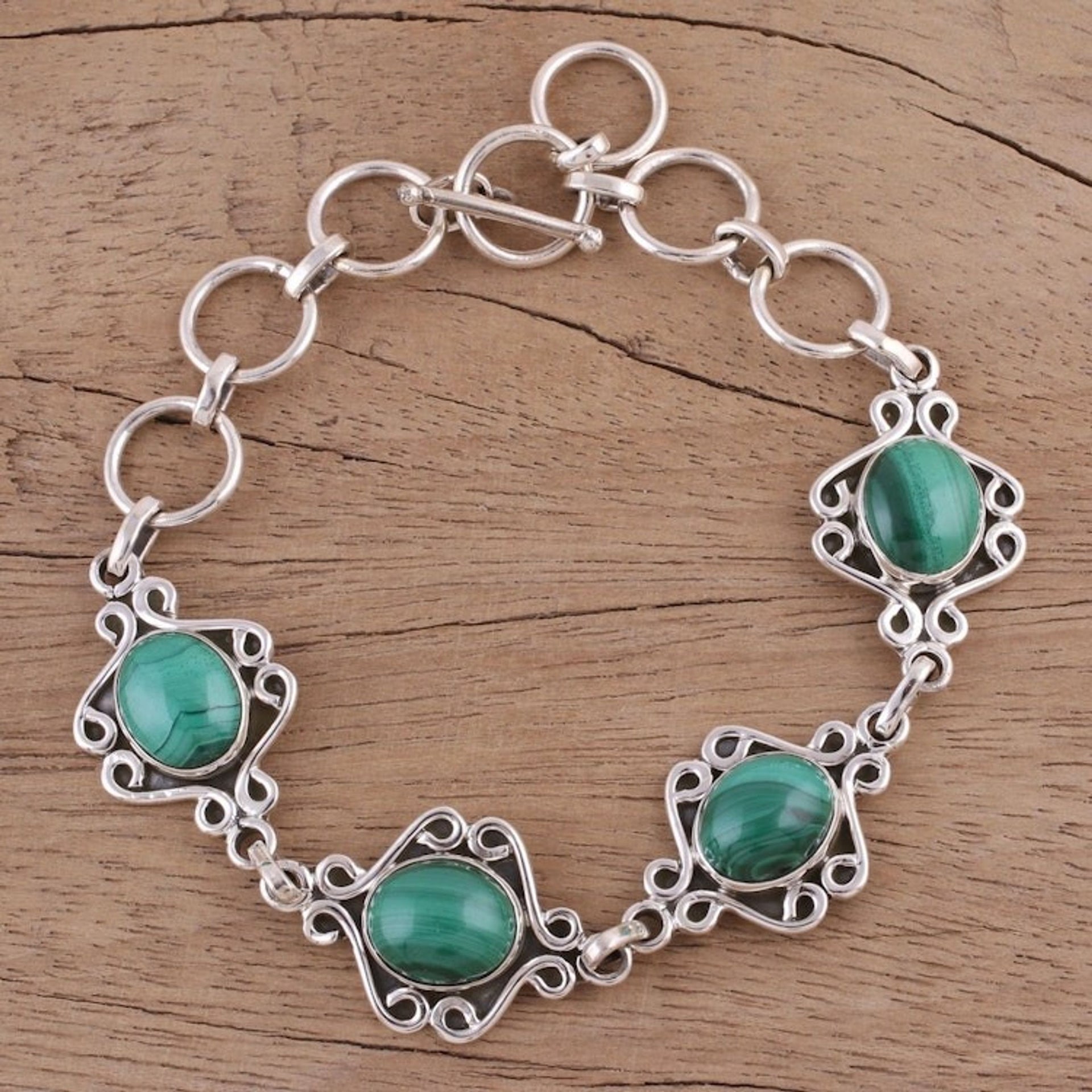 Malachite Swirling Link Bracelet Crafted in India 'Lush Connection'