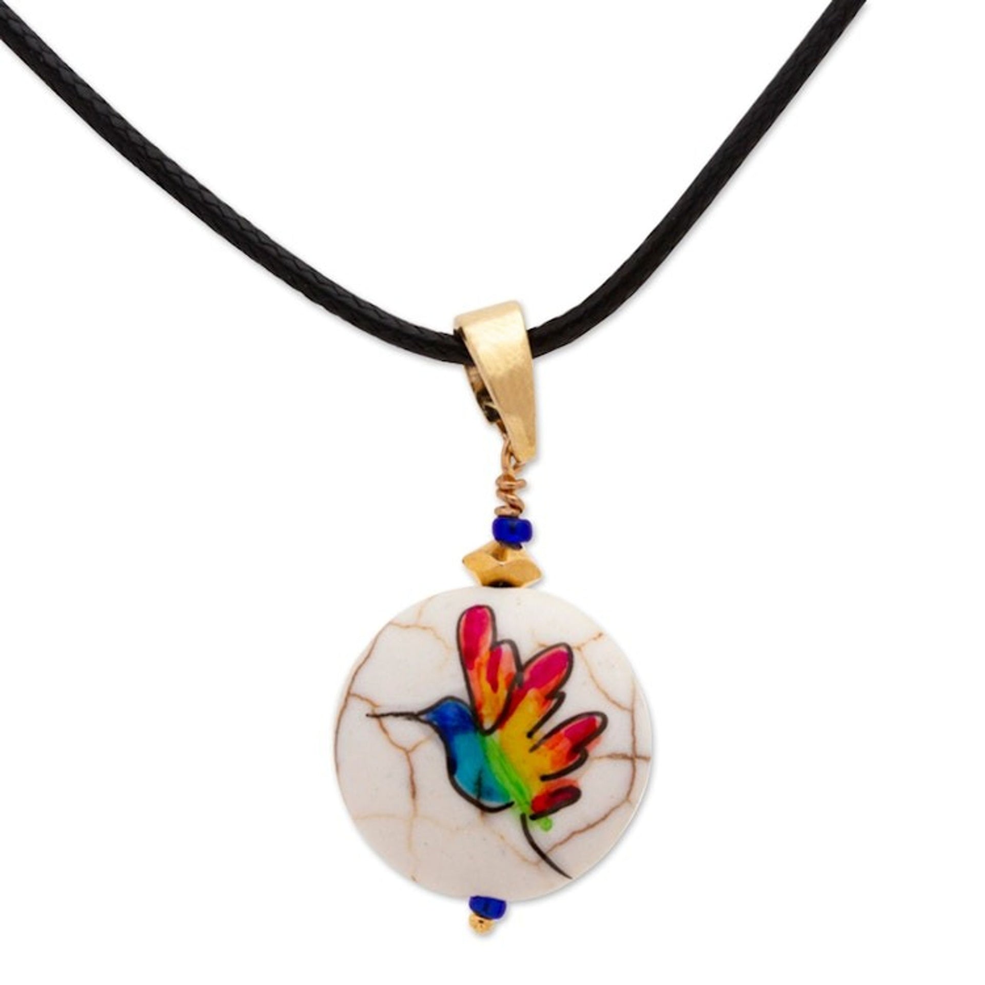 14k Gold-Accented Pendant Necklace with Hand-Painted Bird 'Feathered Rainbow'