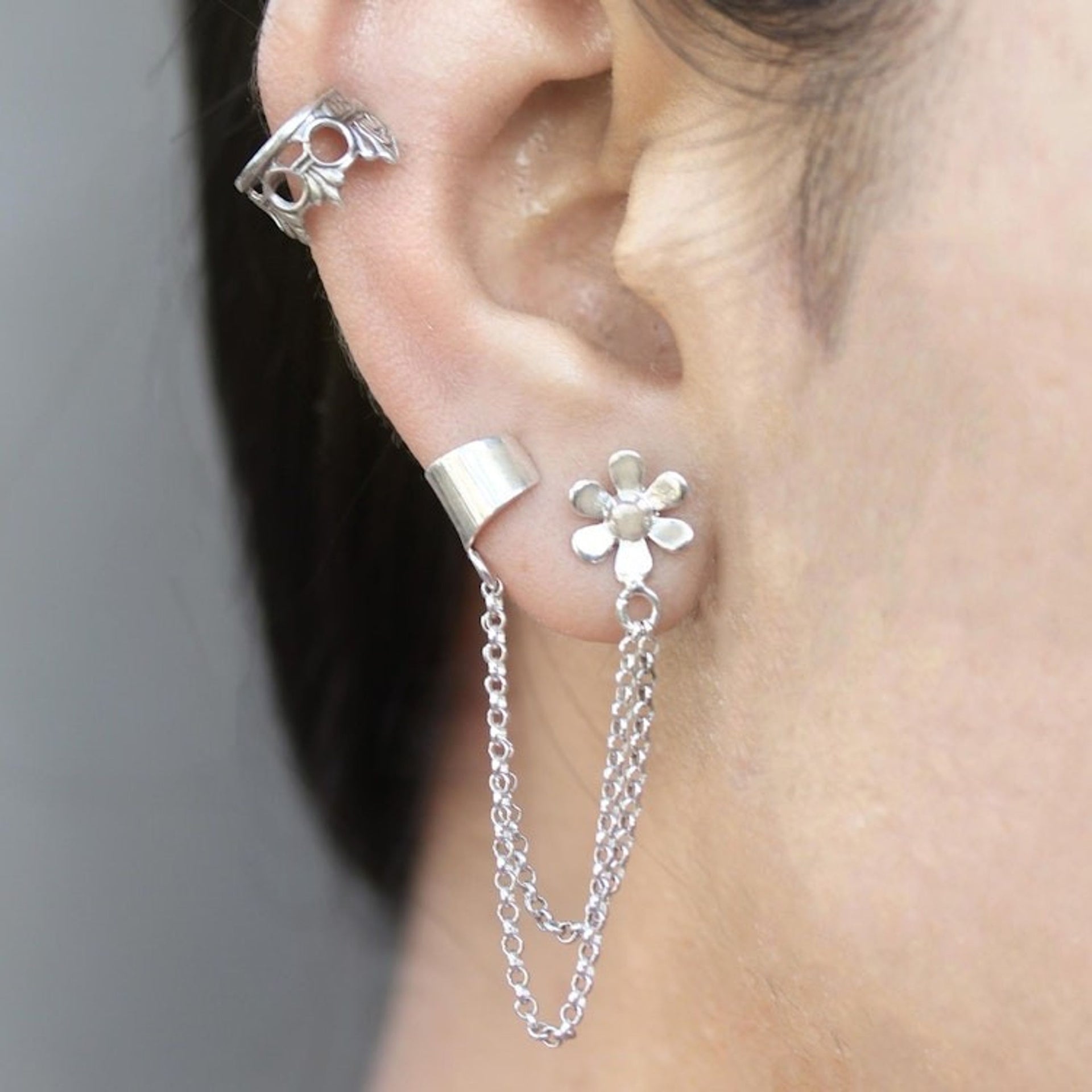 Sterling Silver Floral Themed Ear Cuff Earrings Pair 'Blossom Queen'