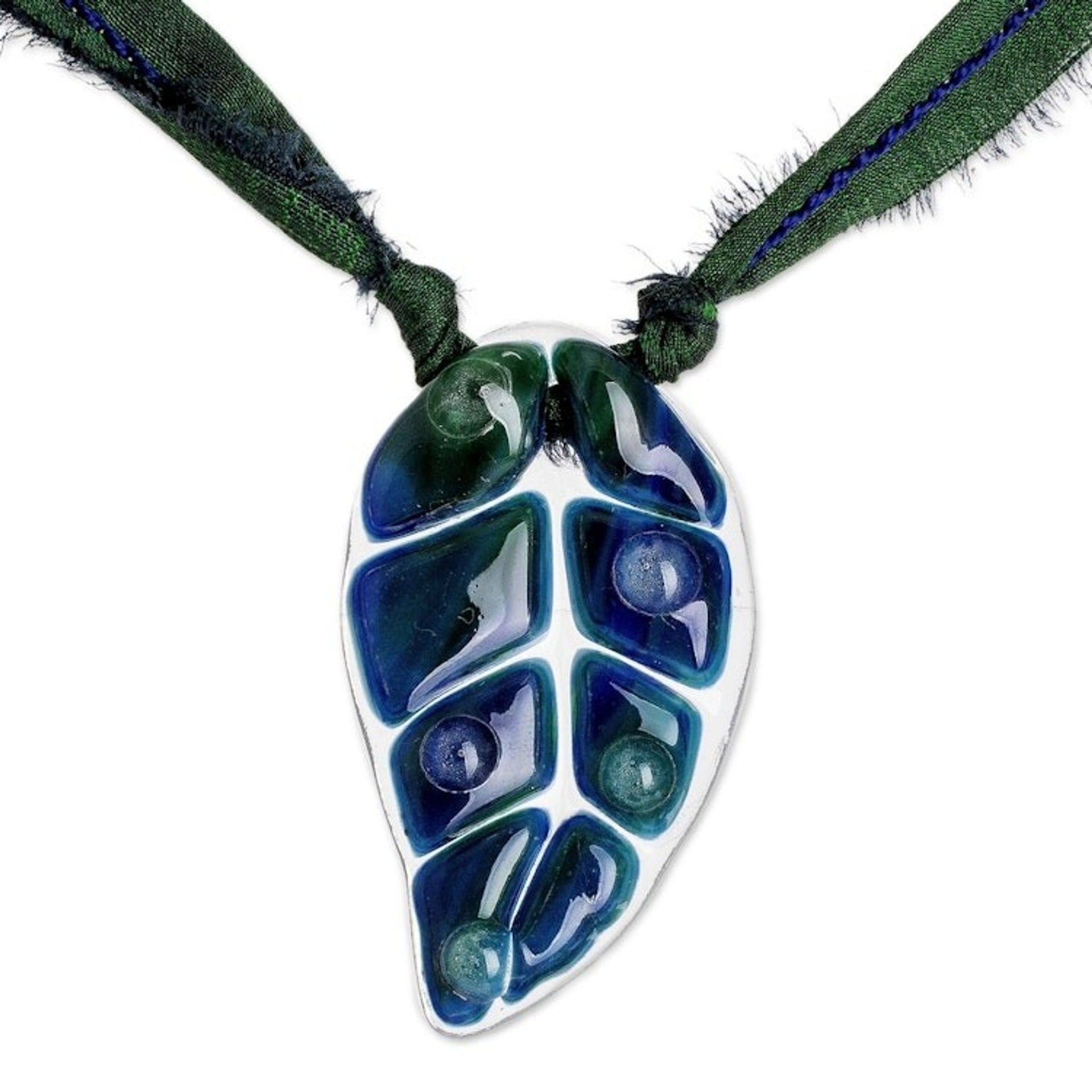 Dark Blue Glass Leaf Pendant Necklace with Ribbon 'Blue Rain Forest Drop'