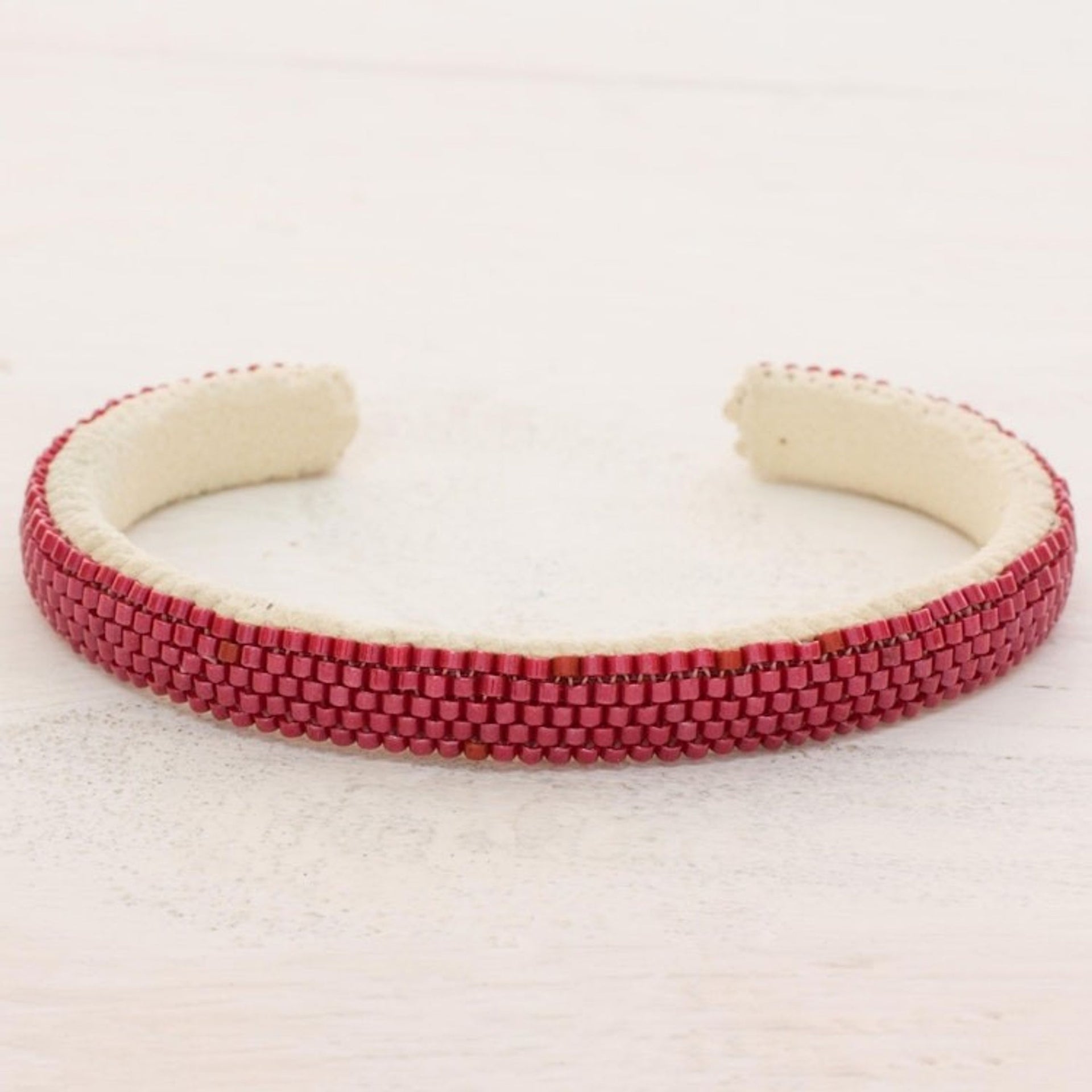 Glass Beaded Cuff Bracelet in Solid Cherry from El Salvador 'Beautiful Horizon in Cherry'
