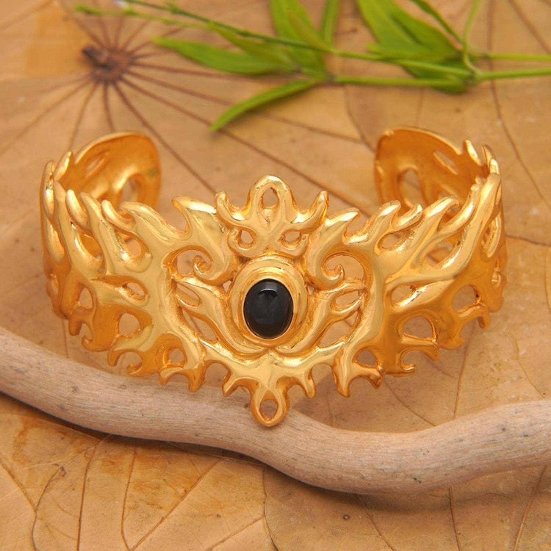Traditional 22k Gold-Plated Cuff Bracelet with Onyx Cabochon 'Flaming Mysticism'