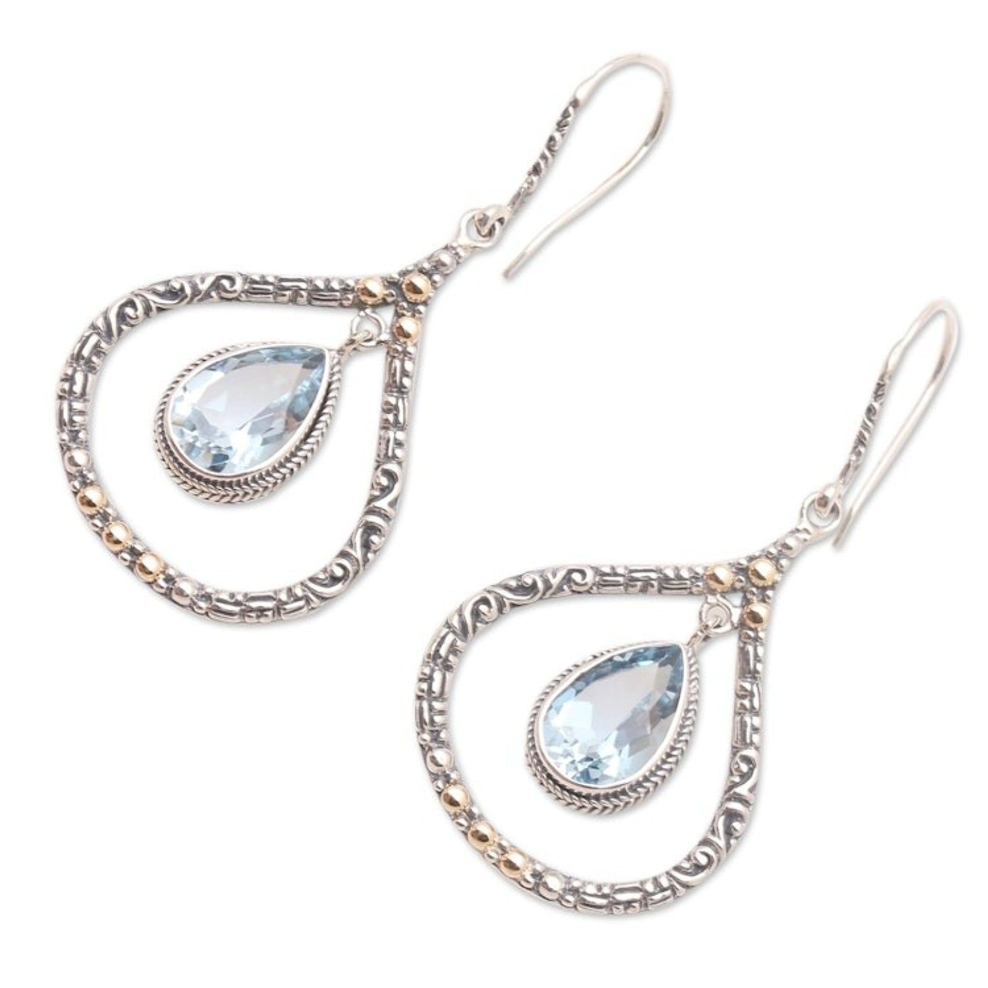 Gold-Accented Blue Topaz Dangle Earrings 'Clear Eyes in Sky'
