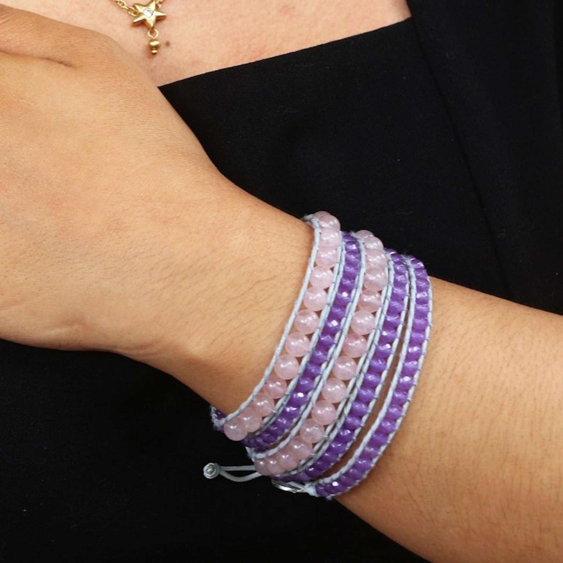 Handmade Amethyst and Rose Quartz Beaded Wrap Bracelet 'Purple Haze'
