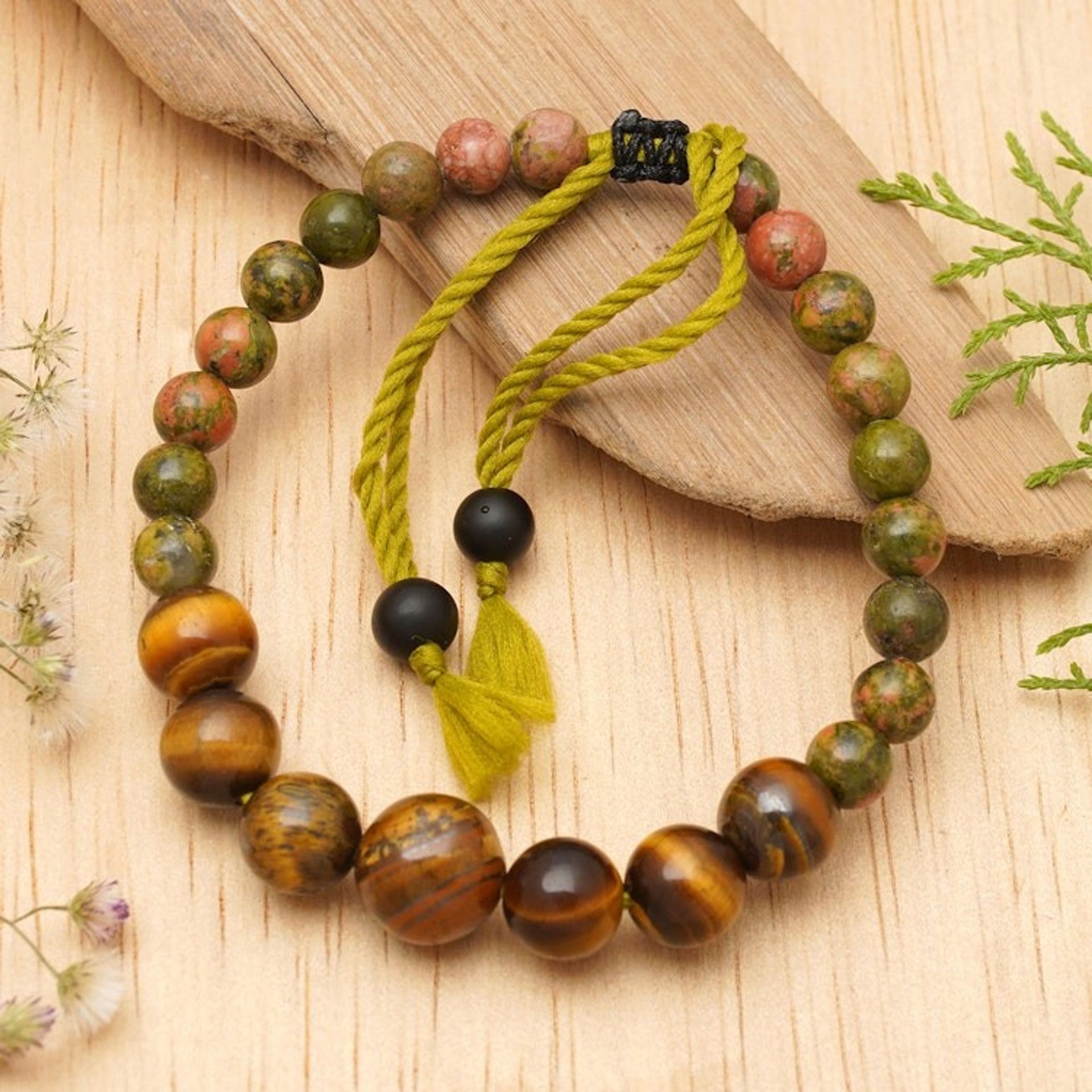 Bohemian Unakite and Tiger's Eye Beaded Bracelet from Bali 'Visions of Courage'