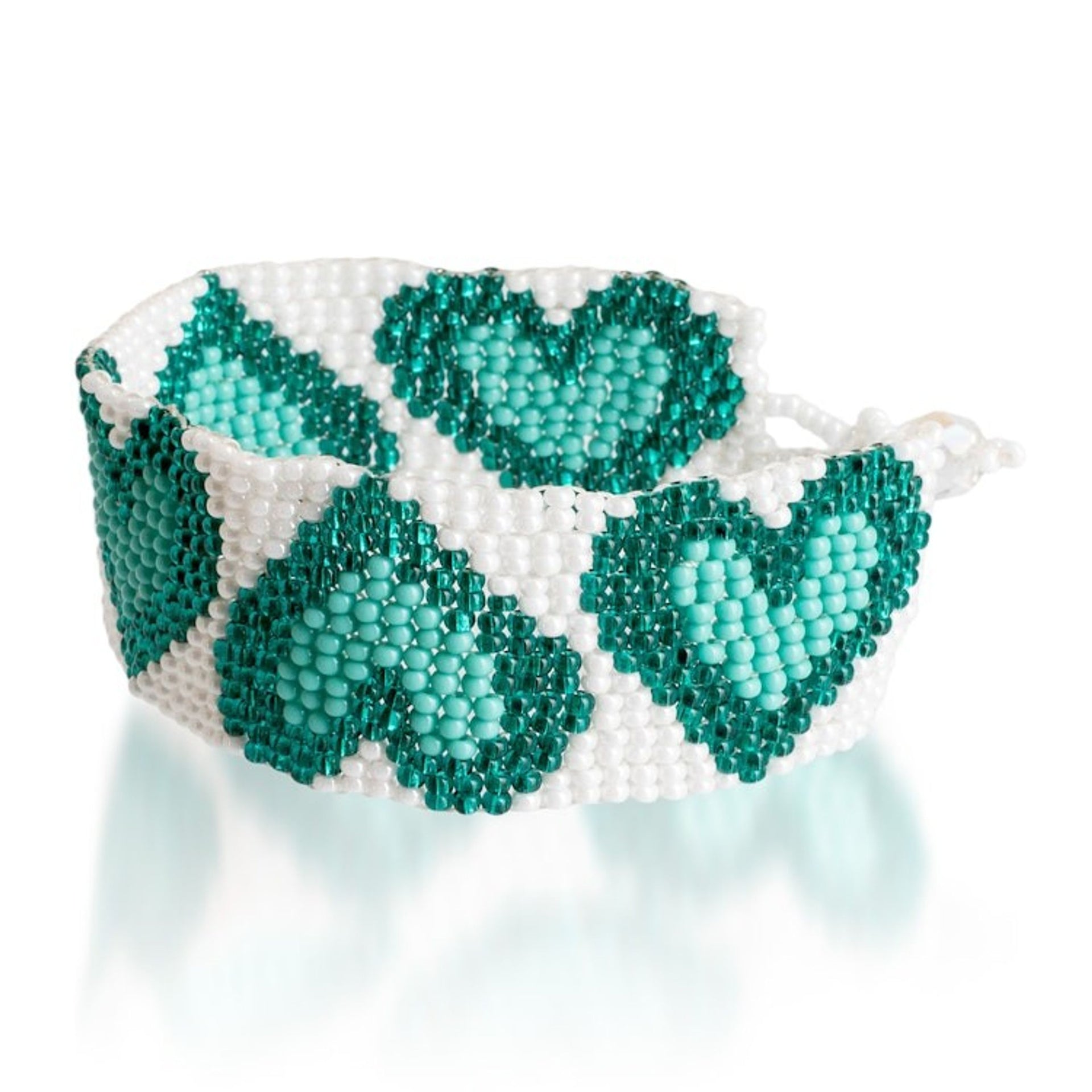 Adjustable Heart-Themed Beaded Bracelet in Aqua Teal White 'Aqua Queen of Hearts'