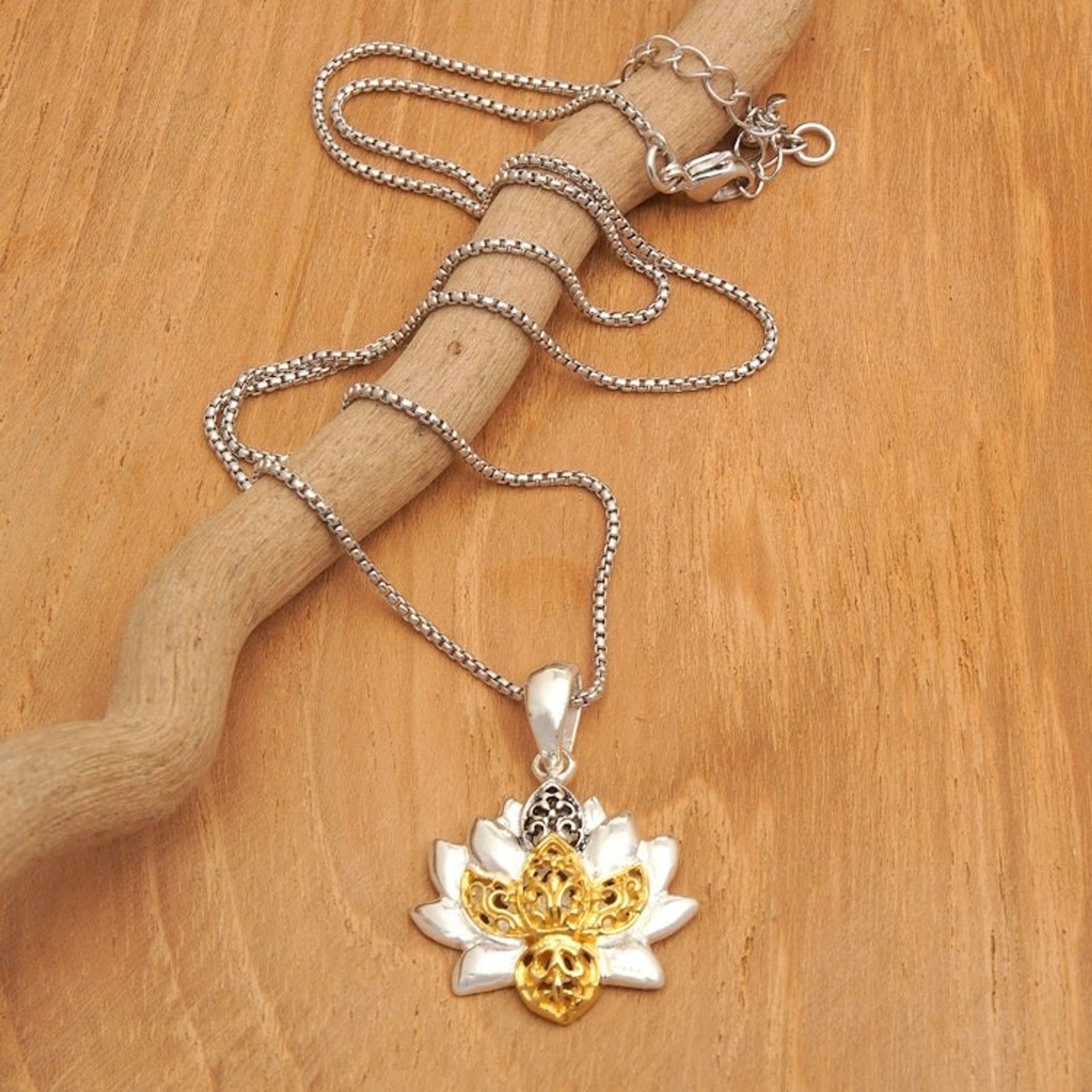 18k Gold-Accented Lotus-Themed Pendant Necklace from Bali 'Sarasvati Lotus'