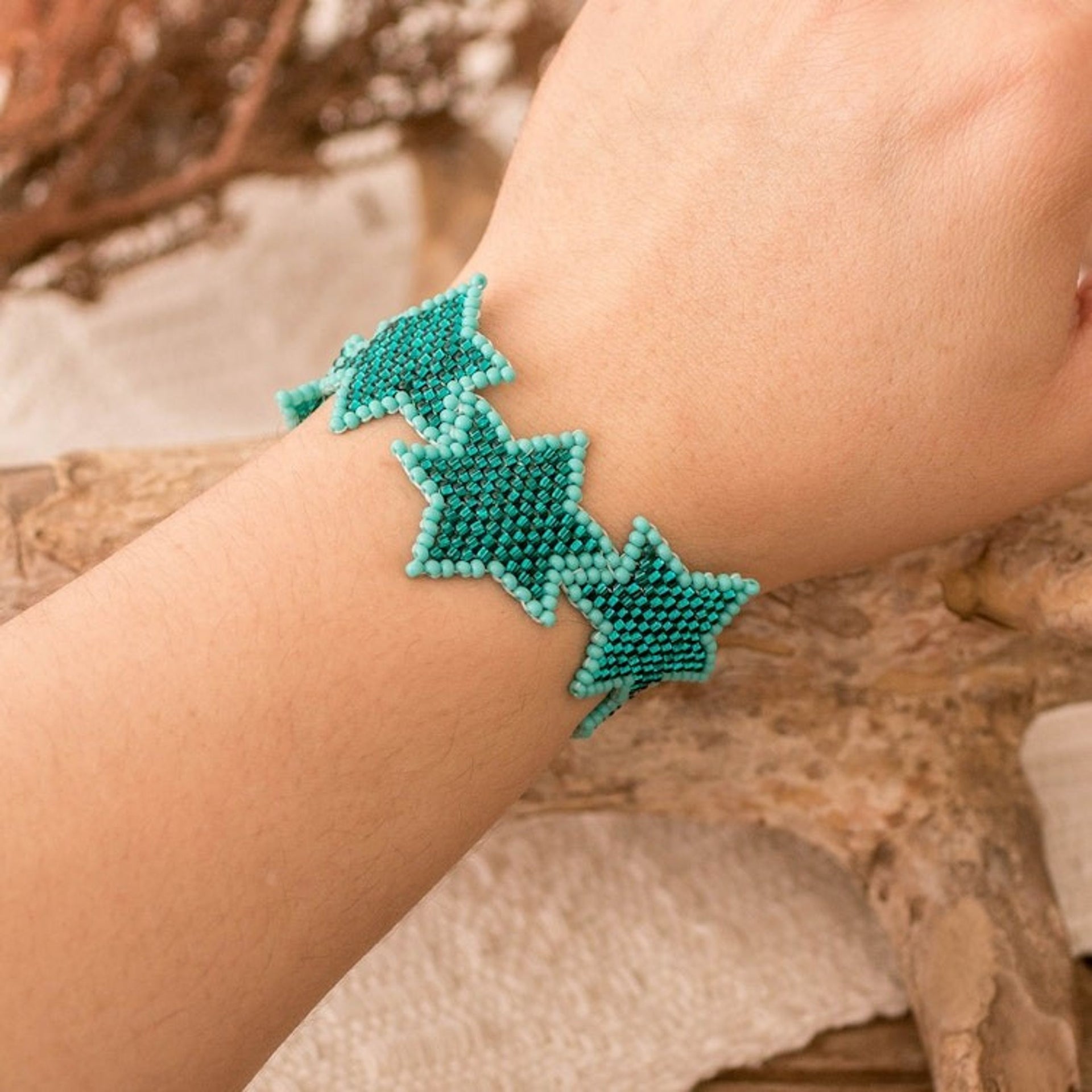 Aqua Turquoise Handcrafted Beaded Bracelet with Star Motif 'Turquoise Starlight'