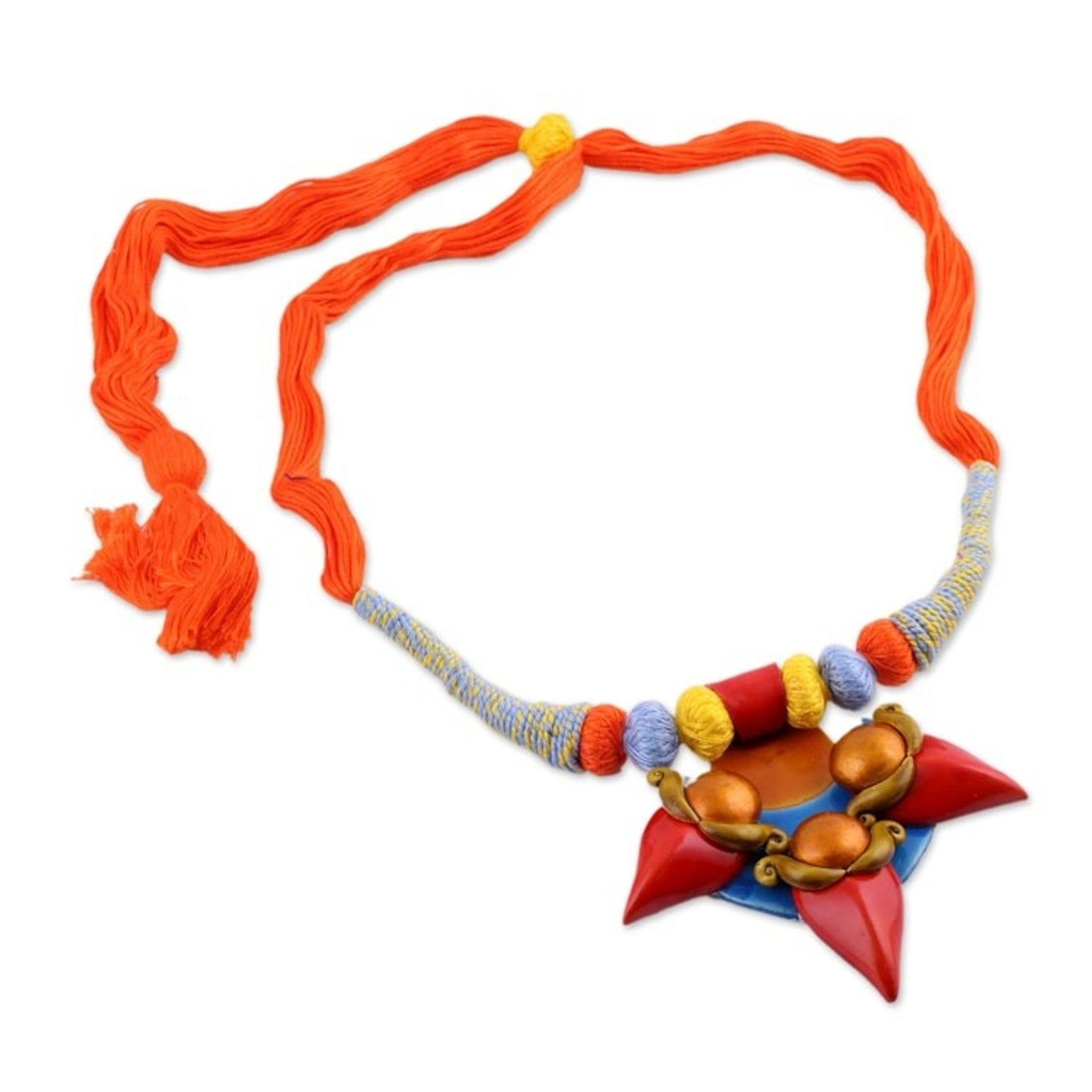 Colorful Ceramic and Cotton Pendant Necklace form India 'Shiva's Trident'