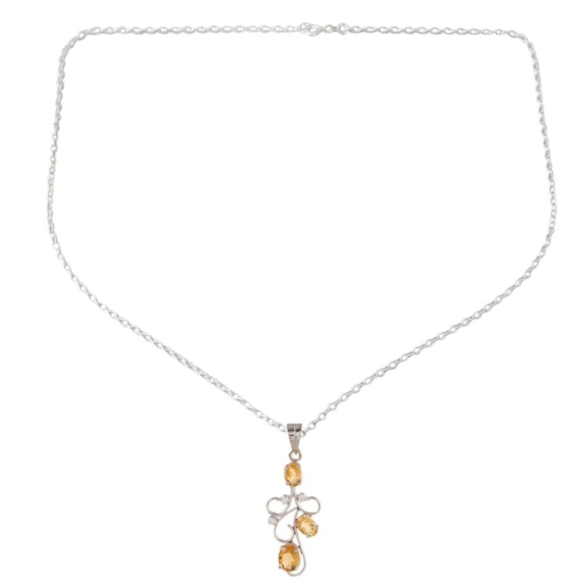 Citrine Sterling Silver Bud on Vine Motif Pendant Necklace 'Delicate Tendrils'