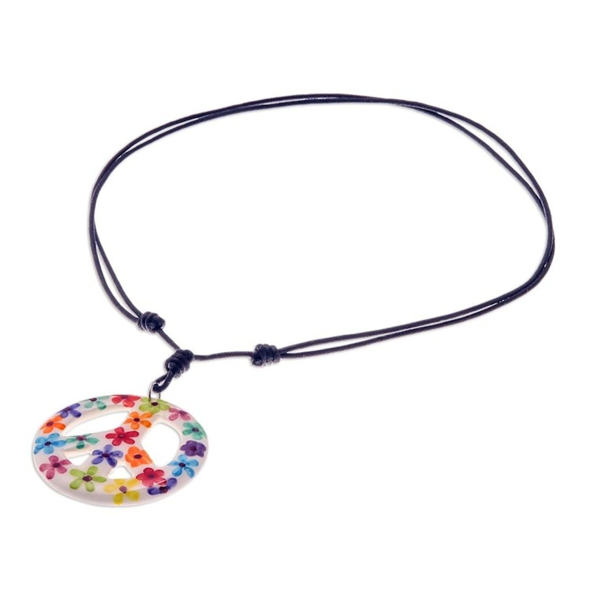 Floral Motif Ceramic Peace Pendant Necklace from Thailand 'Flower Child'
