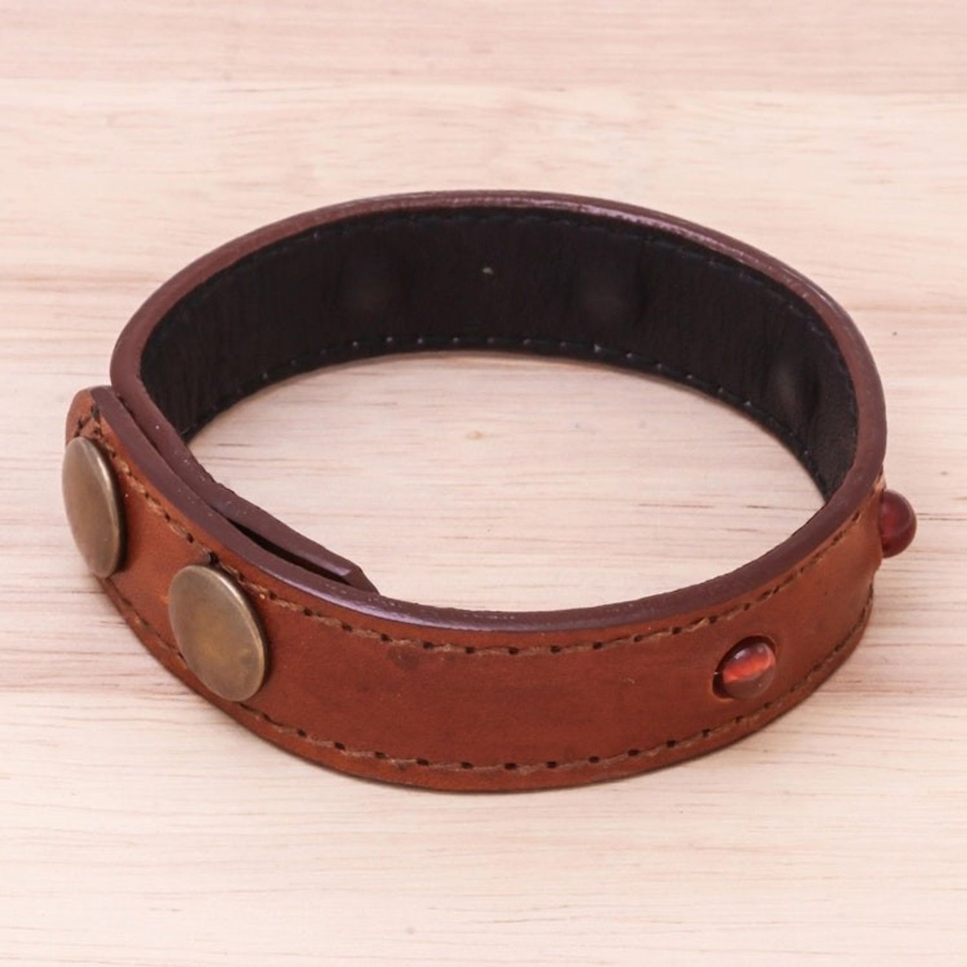 Men's Chalcedony and Leather Beaded Wristband Bracelet 'Powerful Mind'