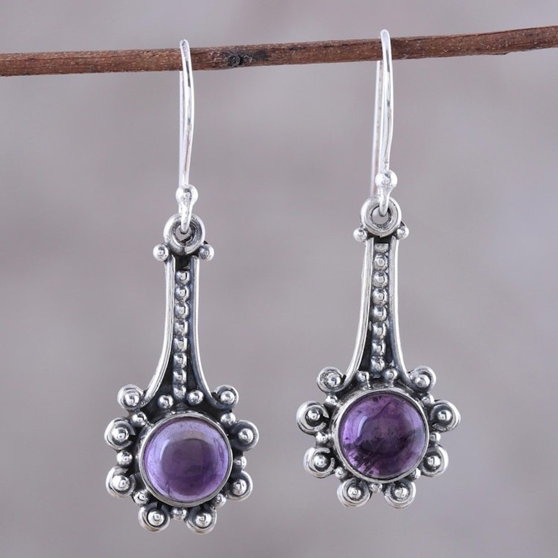 Amethyst and Sterling Silver Dangle Earrings from India 'Magical Pendulums'