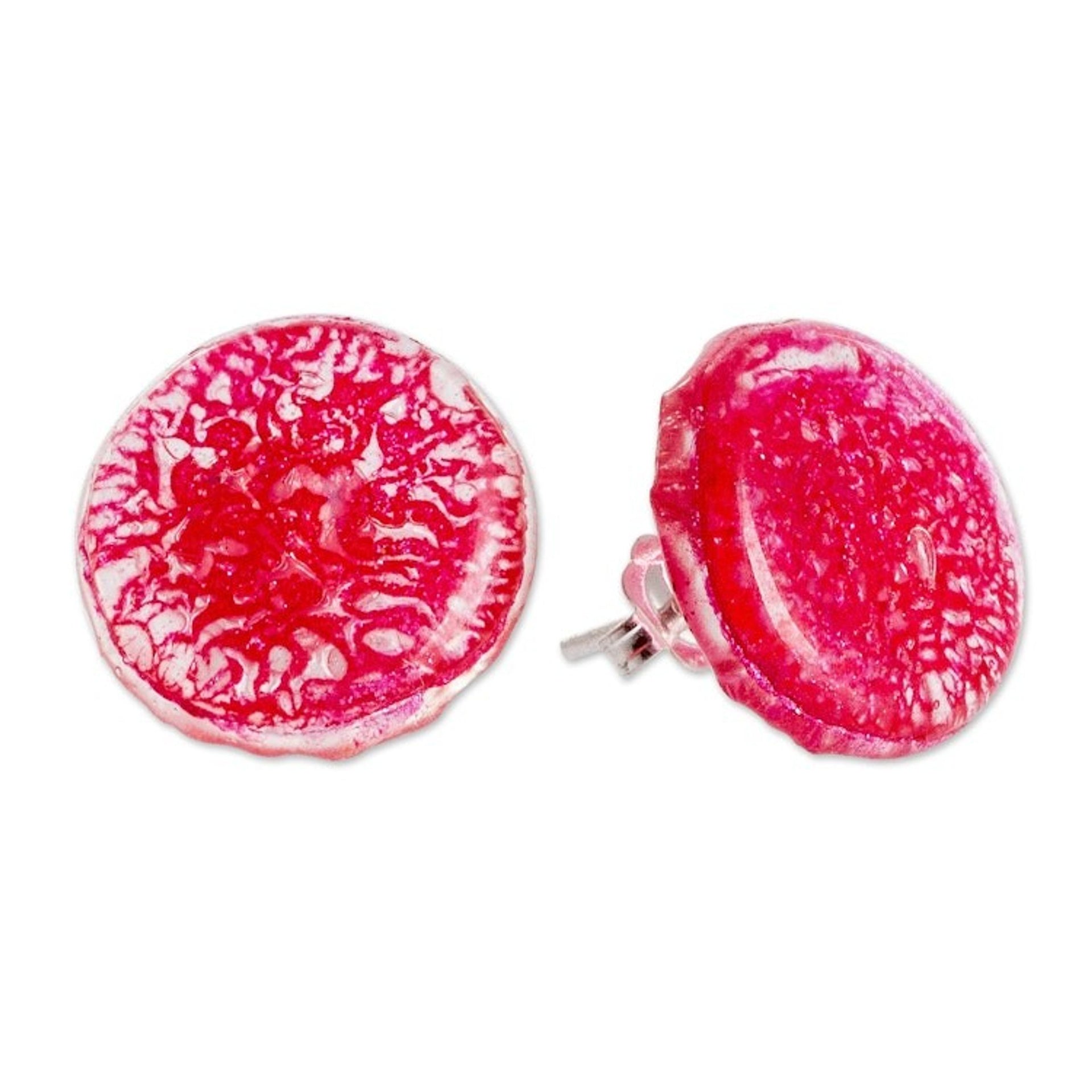 Handmade Fuchsia Recycled CD Stud Earrings with Silver Posts 'Fuchsia Translucent Illusion'