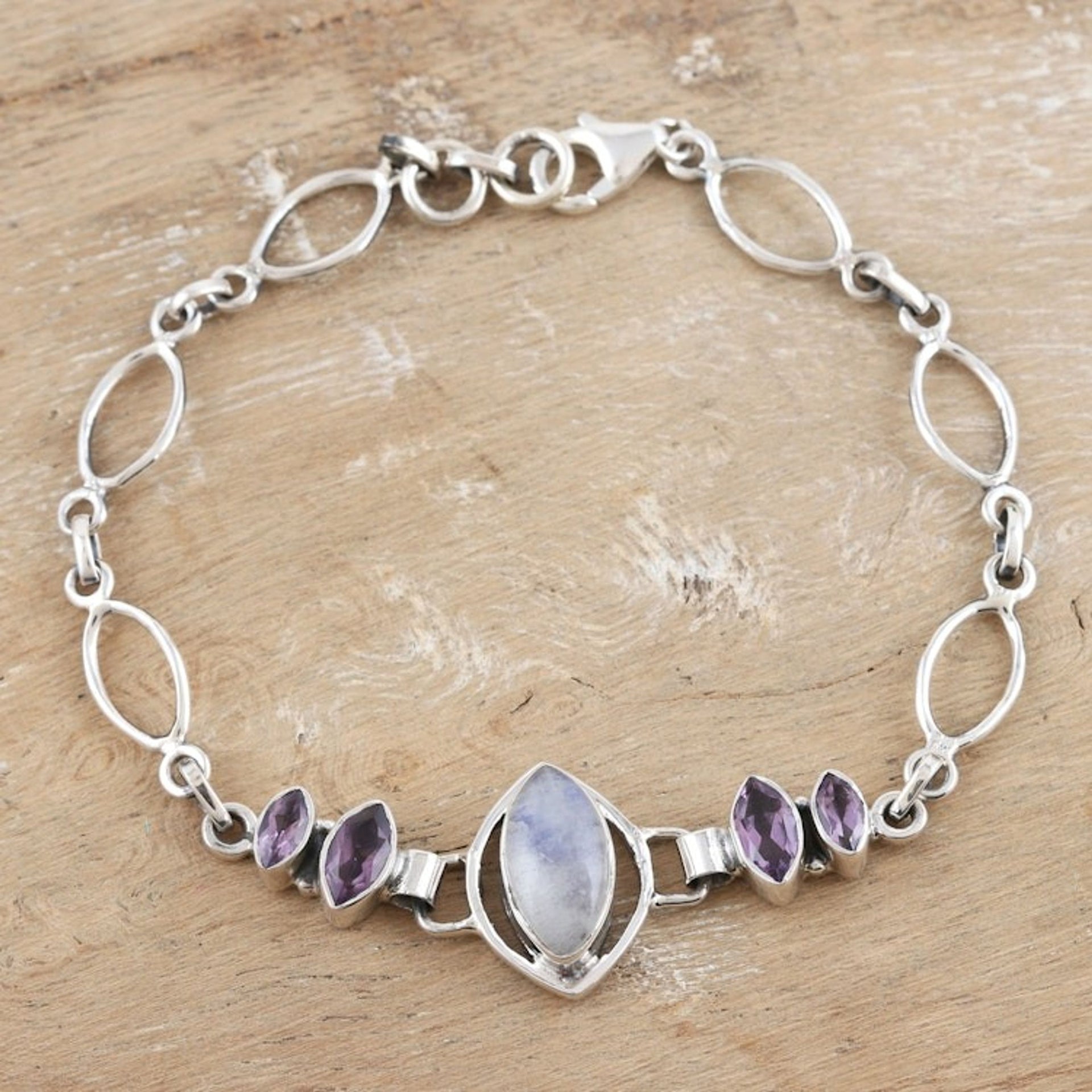 Sterling Silver Rainbow Moonstone Amethyst Pendant Bracelet 'Lilac Fusion'