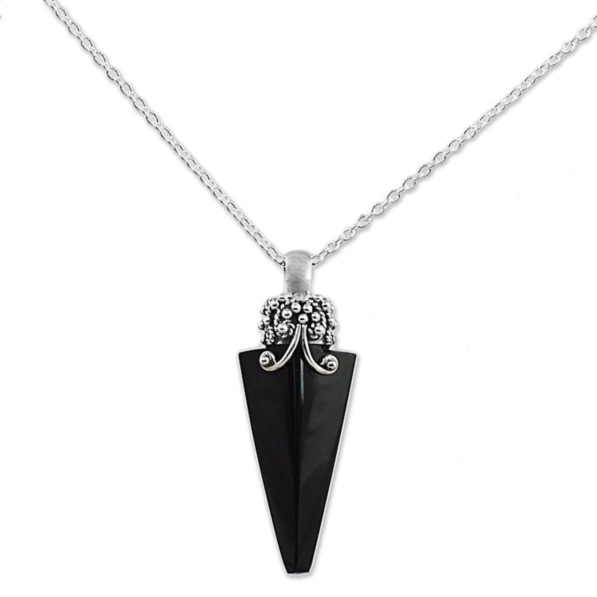 Hand Made Onyx Sterling Silver Pendant Necklace from India 'Onyx Arrow'
