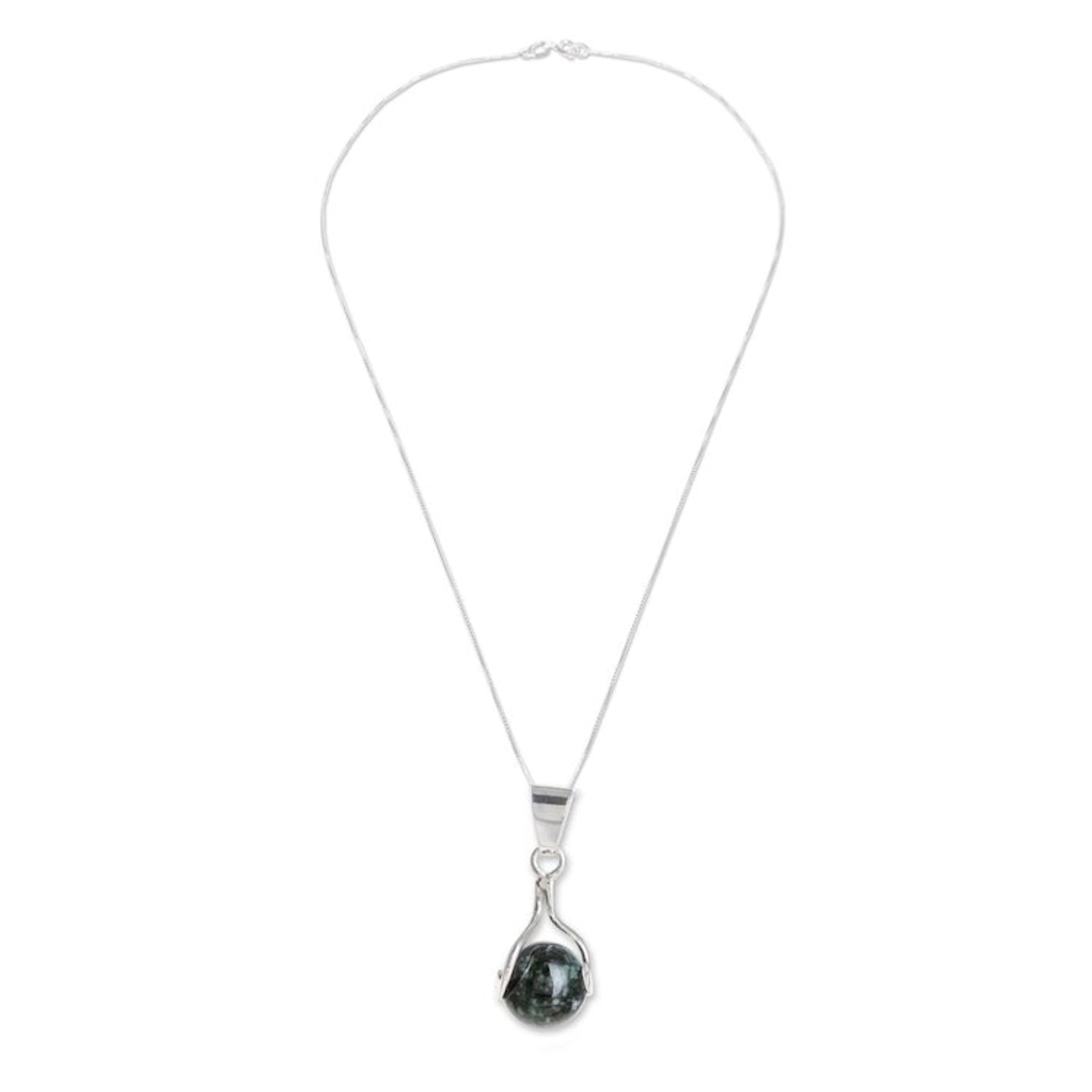 Hand Made Modern Sterling Silver Pendant Jade Necklace 'Dark Maya World'
